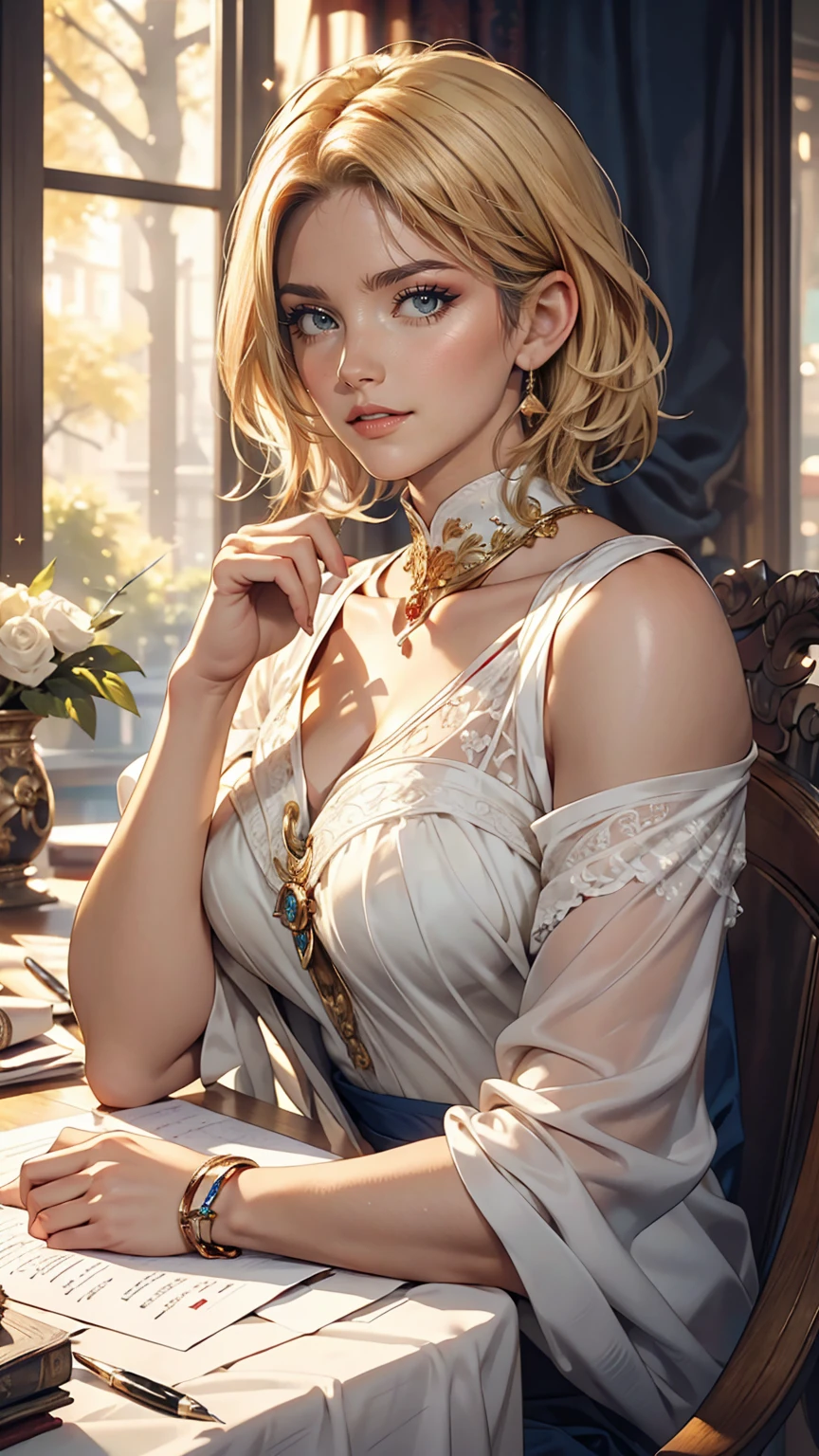 (masterpiece: 1.2, highest quality), Realistic, (Realistic Picture, Intricate details, Depth of written boundary), highest quality, masterpiece, Very detailed, Semi Realistic, 1 girl, Mature Woman, 21 years old, Blonde Short Hair, The left eye is covered with hair, blue eyes, King's Clothes, Red Cape, Slim figure, A crown made of precious gold, Document reading and markup, Goose hair pen, Office Table, Soft bench