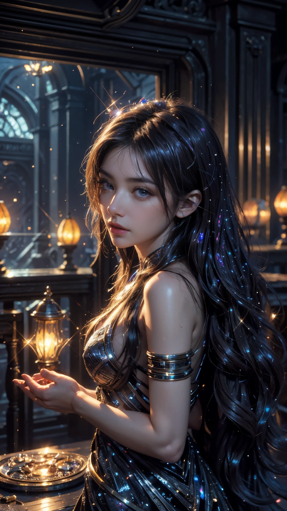 4k, UHD, masterpiece, 1 girl, good face, ((detailed eyes)), very long hair, impressive hairstyle, perfect brasts, fantasy clothing, (strips:1.3), night city, building, lamps, depth of field, reflection light, ((sparkle)), chromatic aberration,