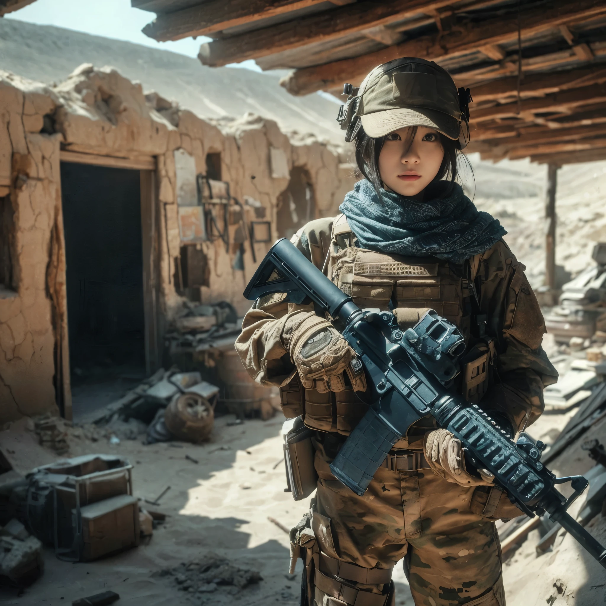 8K, realistic photo, realistic skin texture, Japanese women in the U.S. Army、、Abandoned settlement in the desert、Standing in a room in a small, crumbling, abandoned building、The roof of the building is gone　There is only a wall.、Sand is piled up、Automatic rifle、Bulletproof vest、cap、Afghan Stole、backpack、Vigilance、The background is out of focus、Dynamic pose、Innovative composition、