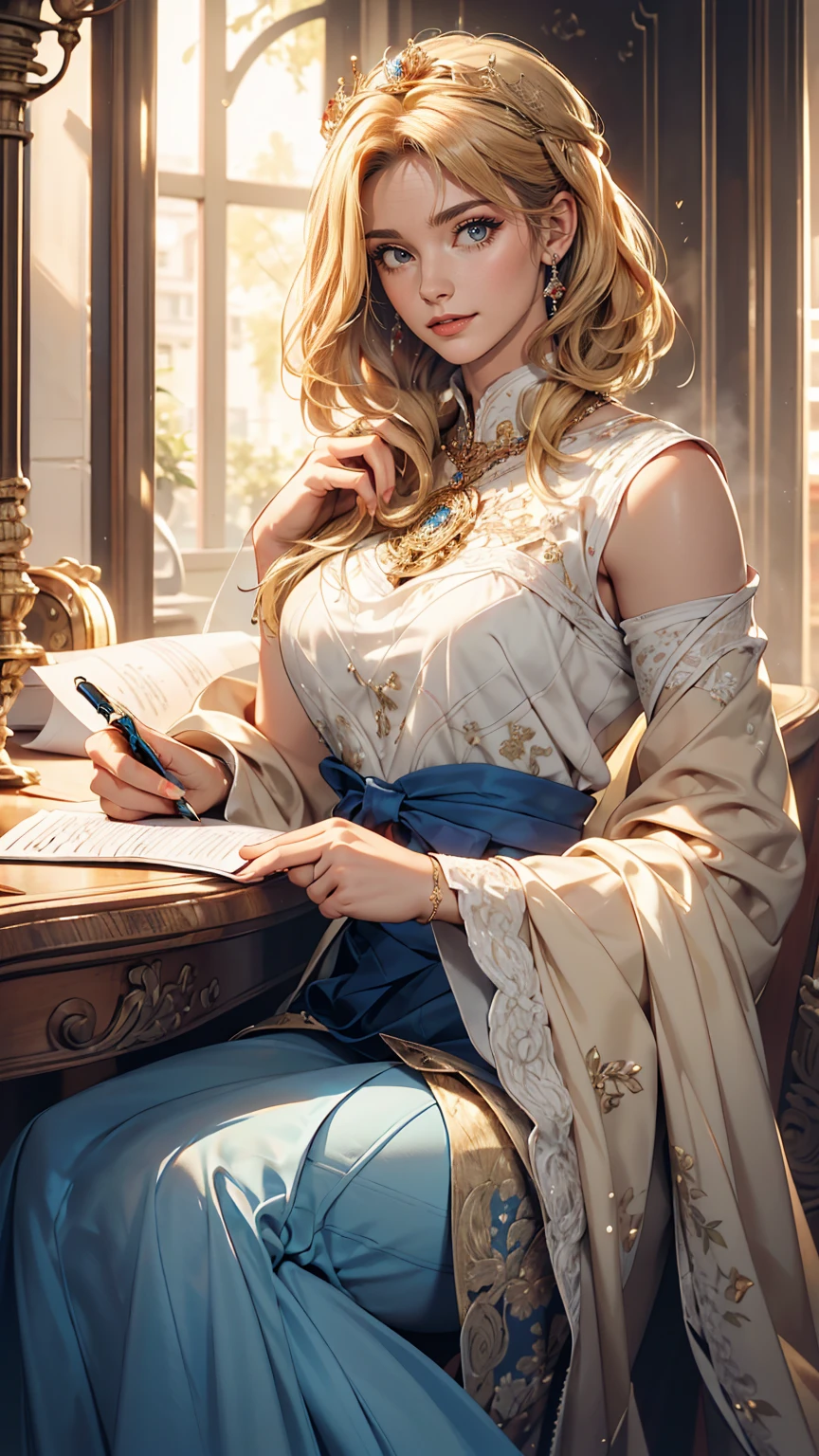 (masterpiece: 1.2, highest quality), Realistic, (Realistic Picture, Intricate details, Depth of written boundary), highest quality, masterpiece, Very detailed, Semi Realistic, 1 girl, Mature Woman, 21 years old, Blonde Short Hair, The left eye is covered with hair, blue eyes, King's Clothes, Red Cape, Slim figure, A crown made of precious gold, Document reading and markup, Goose hair pen, Office Table, Soft bench