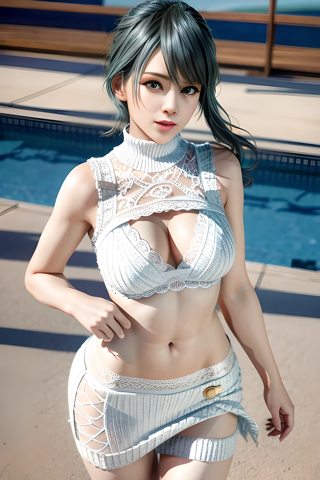 A stunning overhead shot of a girl wearing a one-of-a-kind knitted dress. The skirt was a beautiful white color, and the low-cut design highlighted her curves and made her look sexy. The dress itself is made from a fluffy knit material mixed with delicate lace for an interesting texture. The overall effect is a unique and eye-catching fashion statement. tamaki