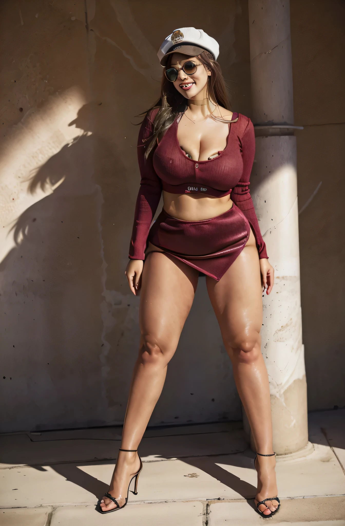 8k,high quality,high resolution,One woman,smile,(tall),whole body,Big Breasts:1.3,muscle:1.3,Cleavage,flower,mini skirt,No sleeve,hat,stockings,sunglasses