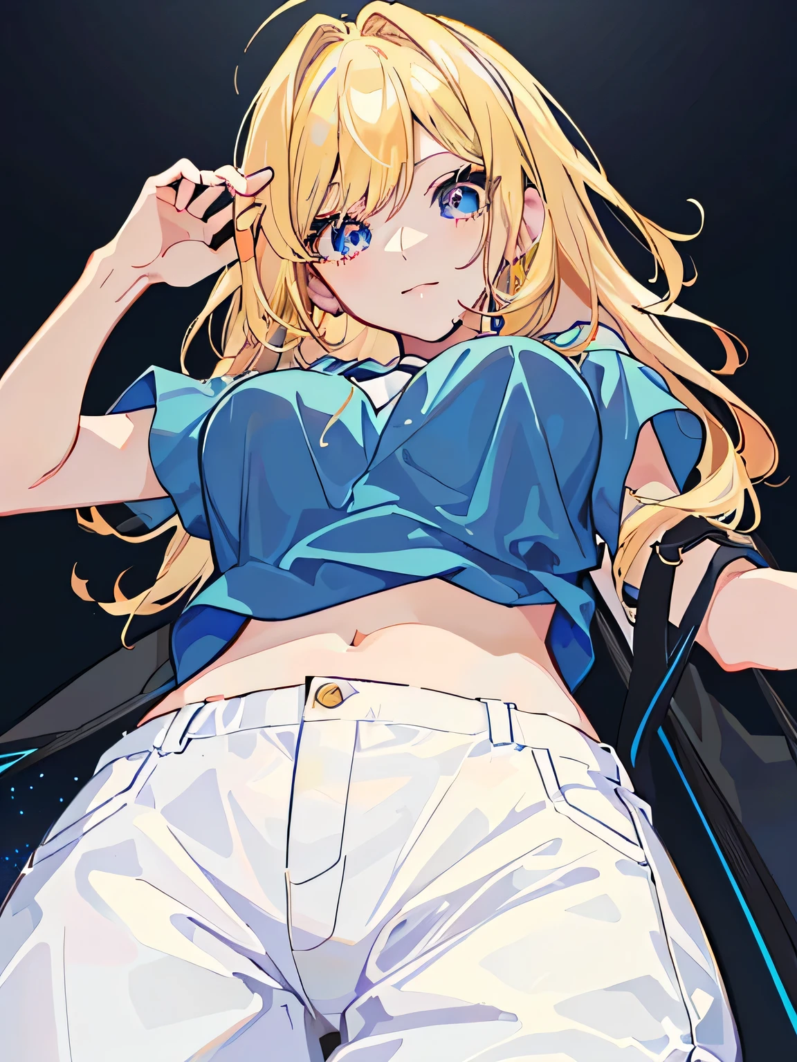 a close up of a woman in a blue top and white pants, seductive Anime Girl, Tick, Smooth anime CG art, blonde Anime Girl with long hair, attractive Anime Girl, Revealing clothes, still, (Anime Girl), Best Girl in Anime, mastill kitagawa fanart, Anime visuals of cute girls, female anime character, Digital animation art