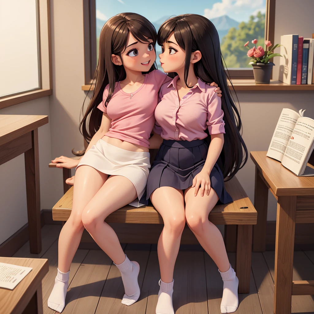 Ultra realistic 5 years old, two girls, obra maestra, mejor calidad, alta calidad, defined, detailed, HD, (piel morena), ojos definidos, ojos cafes intensos, long eyelashes, small mouth, sonrisa, :D, very long hair, pelo liso, pelo oscuro, cuerpo reducido, bosom barely contained, big breasts, sexy, posando foto, estudio, mini skirt rosa, sin sostenes, no bra, excitada, pezones erectos, libros, sentada, leyendo, nice view, full body, nice body, pink, camisa blanca, camisa ajustada, abierto, mojada, sudada, caliente, tight, sonrojada, nice legs, no socks, sin flequillo, peinada hacia atras, teacher big breasts, pose lasciva, kiss student teacher, petites, no skirts, open legs, fuck