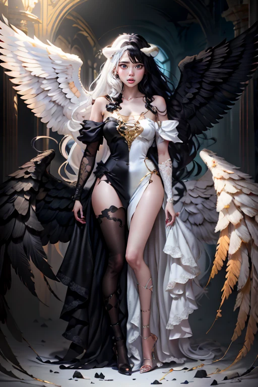(masterpiece:1.3),(best quality:1.2),8k,absurdres,unity 8k wallpapper,(extremely detailed:1.3),highestres,
1girl, ,heterochromia, white hair, black hair, split theme, angel,devil,wings,(((Full Body))) Perfect face, perfect eyses, smile