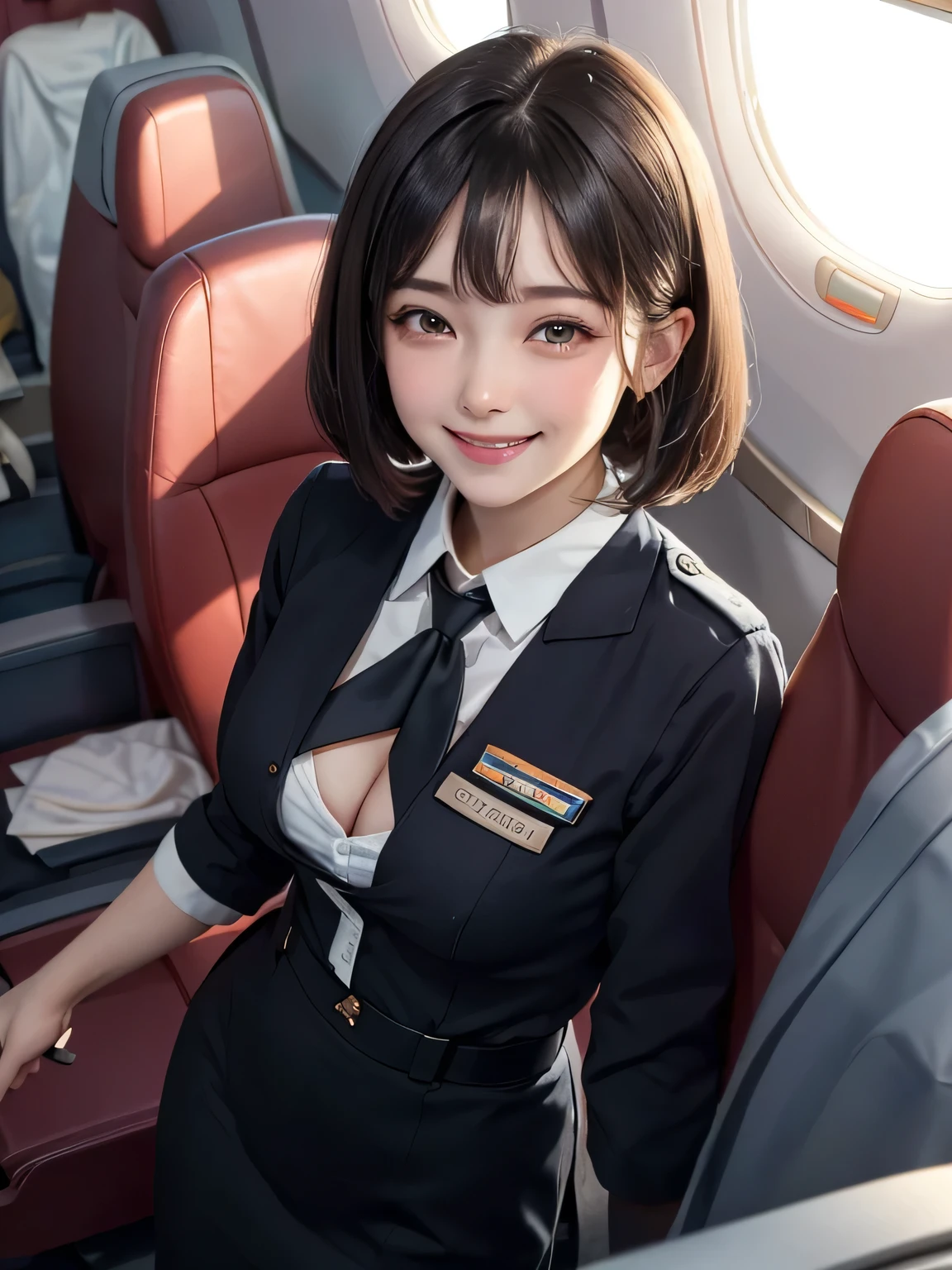 {{{16k}}},{{{masterpiece:1.2}}}, {{{best quality}}}, {{{ultra detailed}}},{{{an extremely delicate and beautiful}}},1 Woman Standing, stewardess, (stewardess uniform) ,Showcasing cleavage,tie, beautiful girl, (smile:1.4),black hair, Bowl Cut Hair,Big eyes, large breasts, Skinny,Blushing happy smile, (Airplane Seats,indoor,((looking at the camera:1.5)),from above