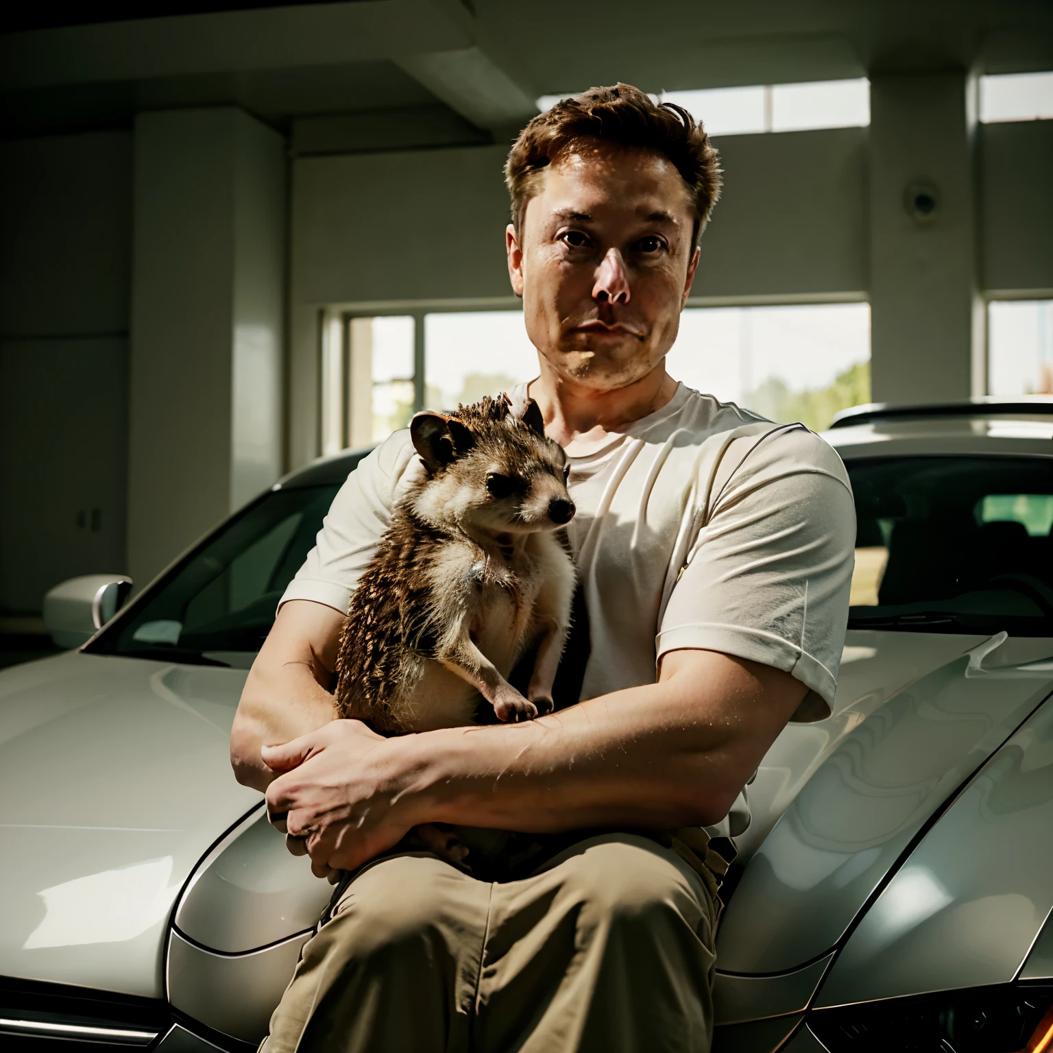 Elon musk holds a hedgehog in his arms while sitting on top of a luxury car 