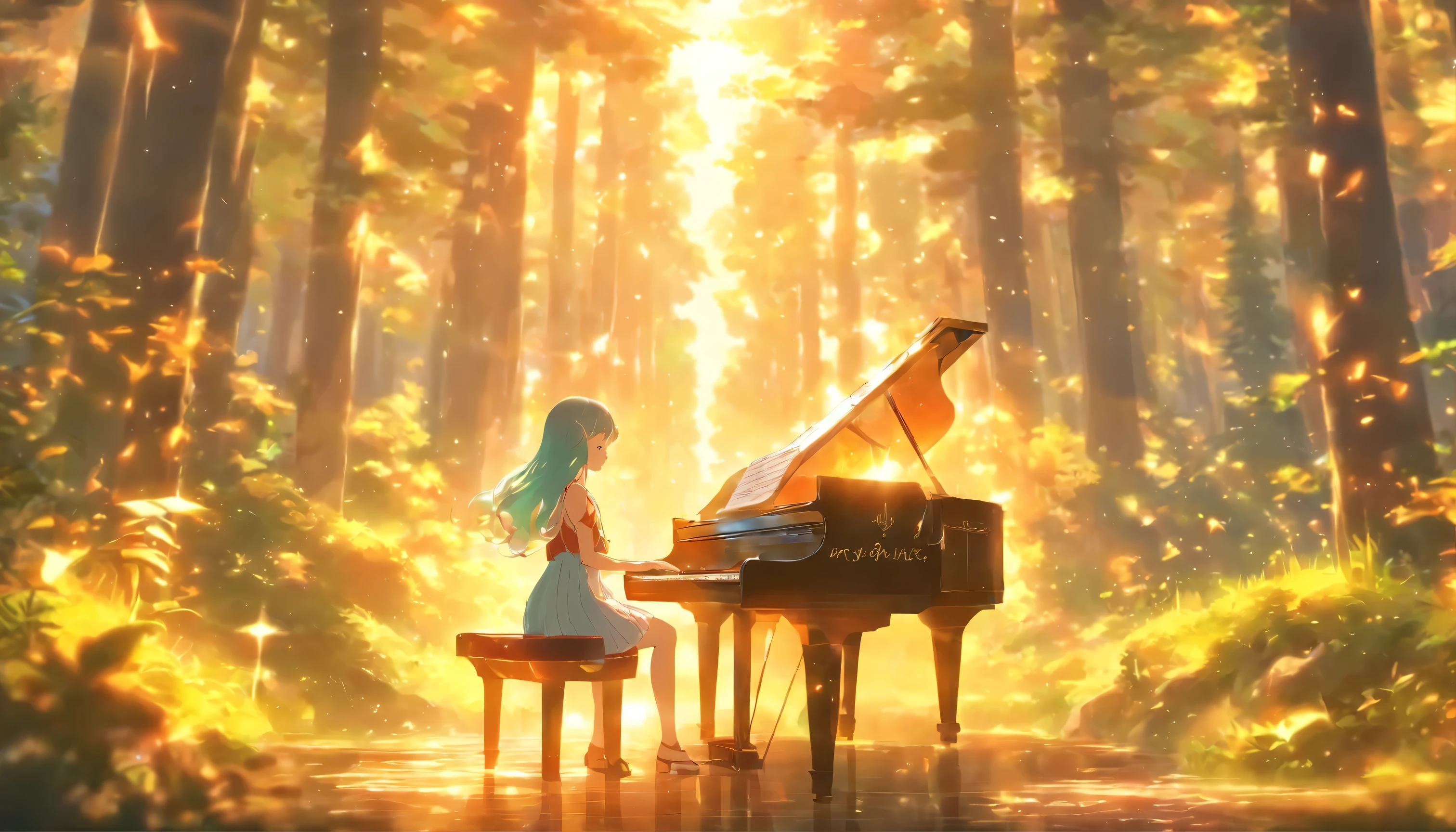 morning,The sunlight shines,in the forest,Girl playing piano,