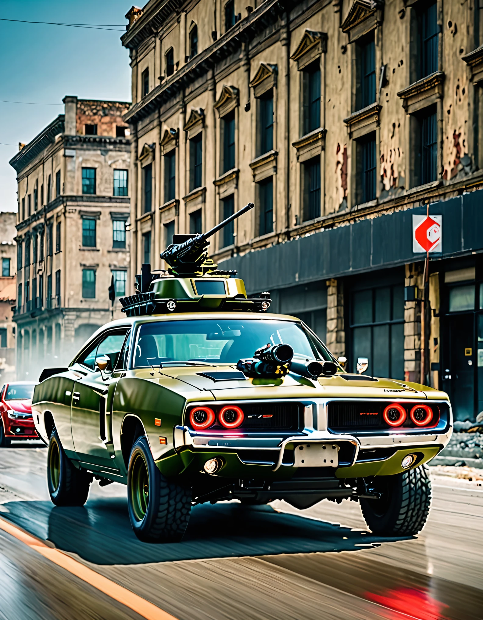 masterpiece, best quality, highres, a close-up of a car with a roof-mounted machine gun turret on top of it, 1car, olive green car, 2023 Dodge Charger, armor plating, florescent red headlights, day, city ruins, ground vehicle, motor vehicle, no humans, outdoors, road, tank focus, off-road suspension, matching tires, vehicle focus