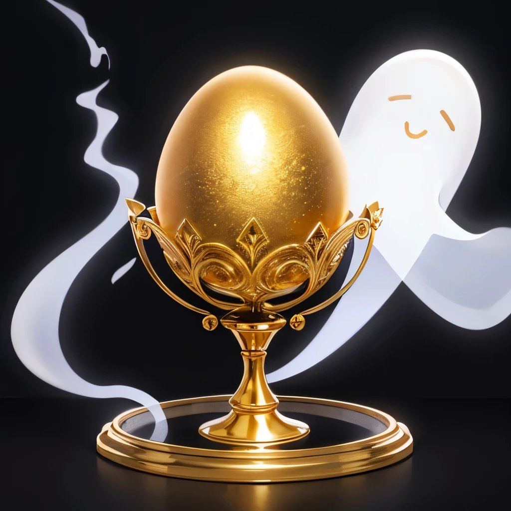 High resolution, (a golden detailed egg:1.1),Glowing, on a beautiful decorated stand,(with black real ghost:1.2)
