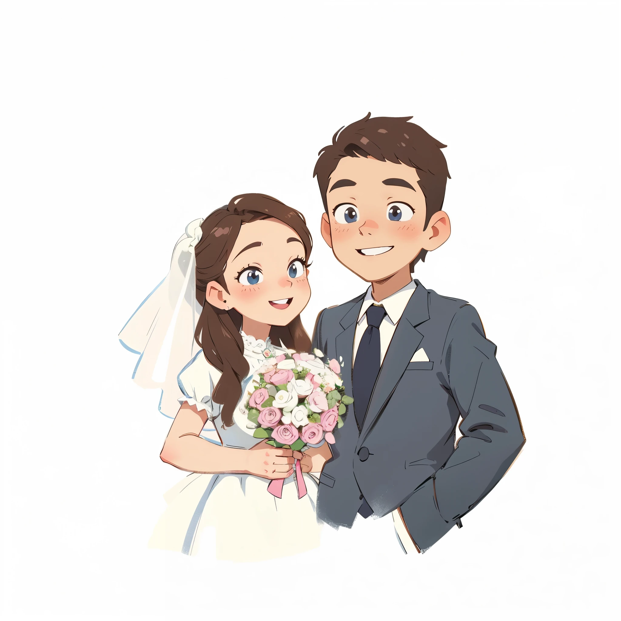 Bride and groom holding a bouquet of flowers, lovely couple, happy couple, Bride and groom, couple pose, Flowers in hand, , cartoon style illustration, couples portrait, couple portrait, cartoon style, wedding, Cartoon art style, hand painted Cartoon art style, smiling couple, Official Fanart, couple, High-quality fanart, wedding photo, There are flowers, no background, White background