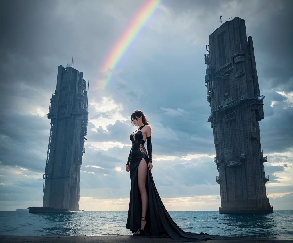 Scene description: A beautiful woman with refined and confident features, wearing modern glasses that highlight her determined expression. Her wavy hair falls elegantly over her shoulders. She is wearing a futuristic outfit, an over-all combining high-tech elements with contemporary elegance. Her posture is firm and self-confident, reflecting a mixture of sophistication and fearlessness. It is positioned at a central point on the ship launching platform, located on a large stretch of coastline. The platform's giant gates are open just behind the woman, revealing the vast ocean beyond. The sea stretches as far as the eye can see, creating a feeling of infinity and mystery. In the sky, dark and imposing clouds mix, creating a tense and exciting atmospheric environment. Between these clouds, streaks of light break through, adding a dramatic and magical touch to the scene. In the background, a rainbow appears, contrasting with the darkness of the clouds and adding an element of hope and beauty. Technical image capture details: To capture this extraordinary scene, it would be necessary to use the best camera available, equipped with high-resolution lenses and the ability to capture light in adverse conditions. State-of-the-art digital medium format capture camera, like the Phase One XF IQ4 150MP, capable of capturing incredible detail and vibrant colors even in low-light conditions. To compose the image, it would be ideal to use a wide-angle lens to capture the entire length of the launch platform and the sea in the background. The aperture of the diaphragm must be adjusted to allow enough light in while maintaining depth of field to ensure that both the woman and the scene are in focus. Additionally, the use of advanced post-processing techniques would be essential to enhance image details, adjust exposure, and balance colors to achieve maximum visual impact.