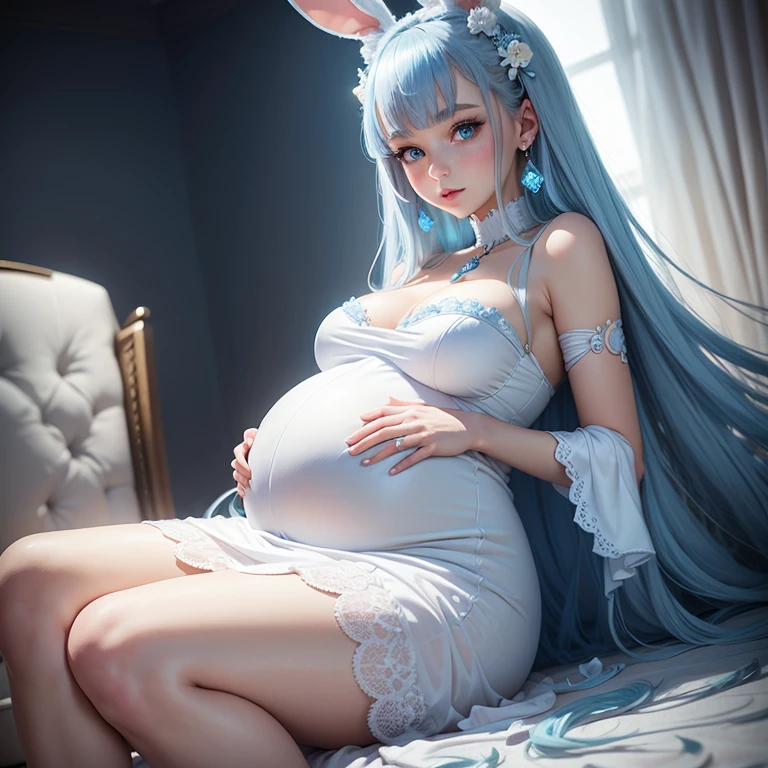 Beautiful pregnant sensitive  adult, elegant formal detailed soft tight white dress with blue details, blue gems, mature, comforting, bunny ears, sky blue hair, piercing blue eyes, sexy