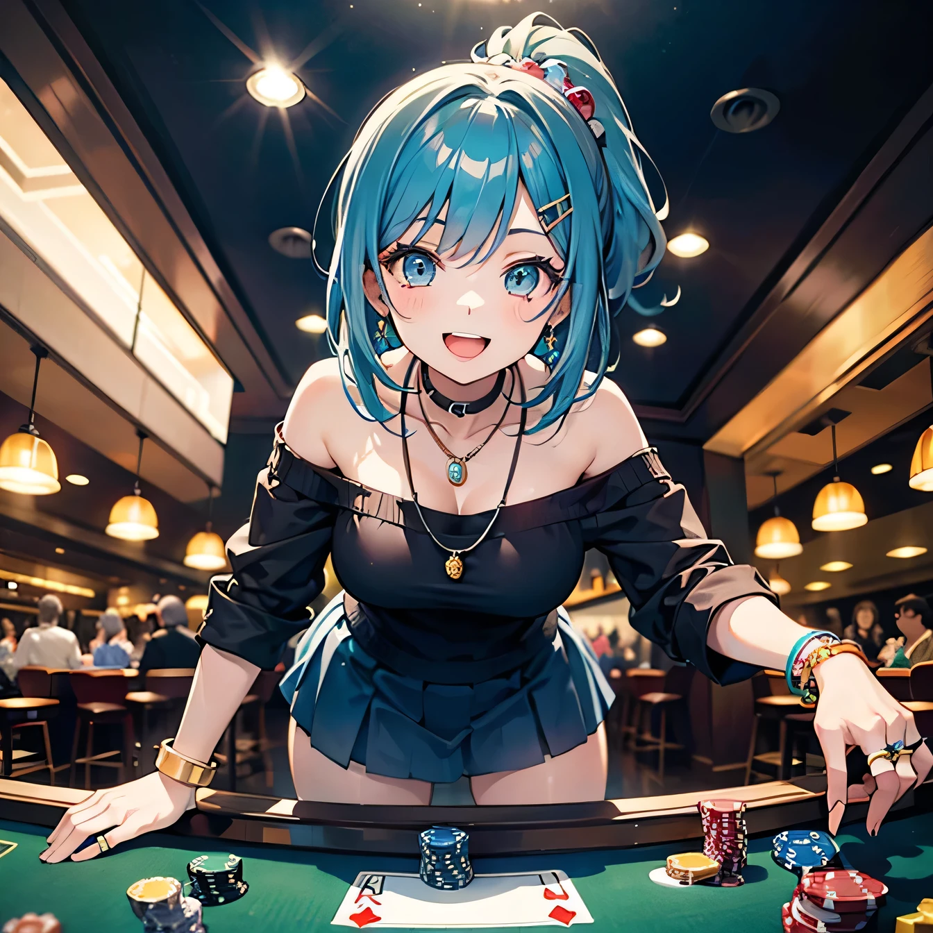 Anime Moe Art Style,highest quality,High resolution,Anatomically correct,One Girl,-teegirl with light blue hair in a ponytail,Super detailed,Fantasy-style world,Off-the-shoulder tops,mini skirt,Big Breasts,Laughing with your mouth open,casino,Playing poker,Eyes drawn in detail,hair ornaments,necklace,bracelet,ring,8K