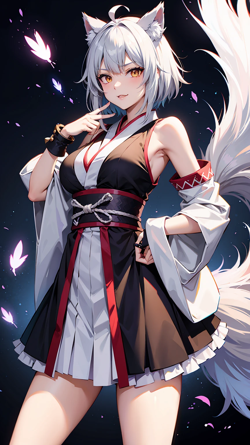Japanese Women , Wolf girl, wolf ear , big wolf tail , short height, Dominant Nature, Dominating, Smug expression