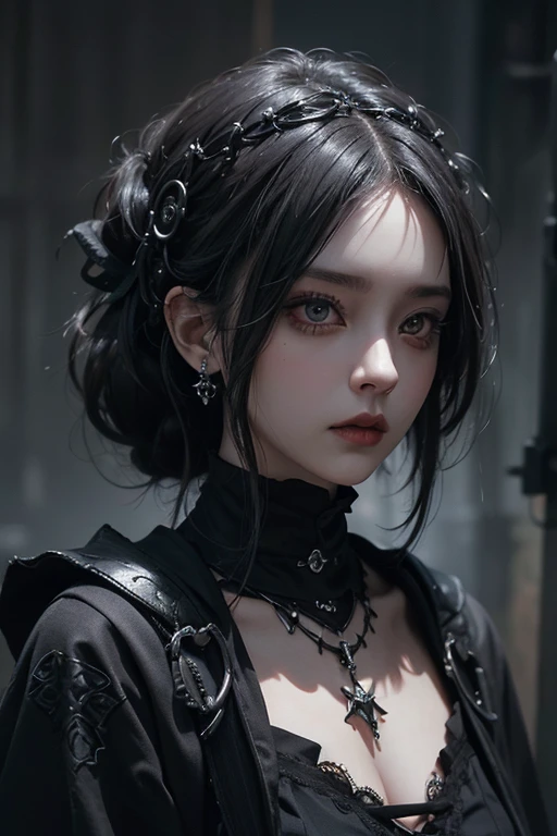 A beauty girl with a grey dark-haired occurs in this artwork, the girl has a fine-grained skin and sharp focus on her face. Her eyes are beautifully detailed, and her lips are also beautifully detailed. She wears hair adornments that add creativity to her appearance. The overall painting is in a Gothic punk style, with a touch of dark fantasy. The inner color scheme is predominantly red to convey a sense of intensity and drama. The artwork is created using Neogos techniques, combining elements of goth fashion. The image quality is top-notch, rendered in 8K resolution, making it a masterpiece. The lighting in the artwork is designed to replicate the ambiance of a movie, giving it a cinematic feel. The hair texture is realistic and meticulously detailed, capturing the intricacies of each strand of hair. This artwork is a true representation of artistry and craftsmanship.

Keywords: top-quality, 8K, masterpiece:1.3, Gothic punk, Red inner color, grey dark-haired, hair adornments, beauty girl, creative, dark fantasy style, Neogos, Goth Fashion:1.2, high resolution, realistic texture, Hasselblad photo, fine-grained skin, sharp focus, lighting like a movie.