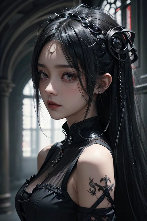 A beauty girl with a grey dark-haired occurs in this artwork, the girl has a fine-grained skin and sharp focus on her face. Her eyes are beautifully detailed, and her lips are also beautifully detailed. She wears hair adornments that add creativity to her appearance. The overall painting is in a Gothic punk style, with a touch of dark fantasy. The inner color scheme is predominantly red to convey a sense of intensity and drama. The artwork is created using Neogos techniques, combining elements of goth fashion. The image quality is top-notch, rendered in 8K resolution, making it a masterpiece. The lighting in the artwork is designed to replicate the ambiance of a movie, giving it a cinematic feel. The hair texture is realistic and meticulously detailed, capturing the intricacies of each strand of hair. This artwork is a true representation of artistry and craftsmanship.
Keywords: top-quality, 8K, masterpiece:1.3, Gothic punk, Red inner color, grey dark-haired, hair adornments, beauty girl, creative, dark fantasy style, Neogos, Goth Fashion:1.2, high resolution, realistic texture, Hasselblad photo, fine-grained skin, sharp focus, lighting like a movie.