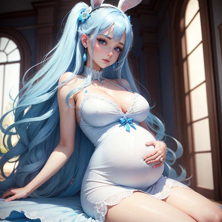 Beautiful pregnant sensitive  adult, elegant formal detailed soft tight white dress with blue details, blue gems, mature, comforting, bunny ears, sky blue hair, piercing blue eyes, sexy, cleavage 