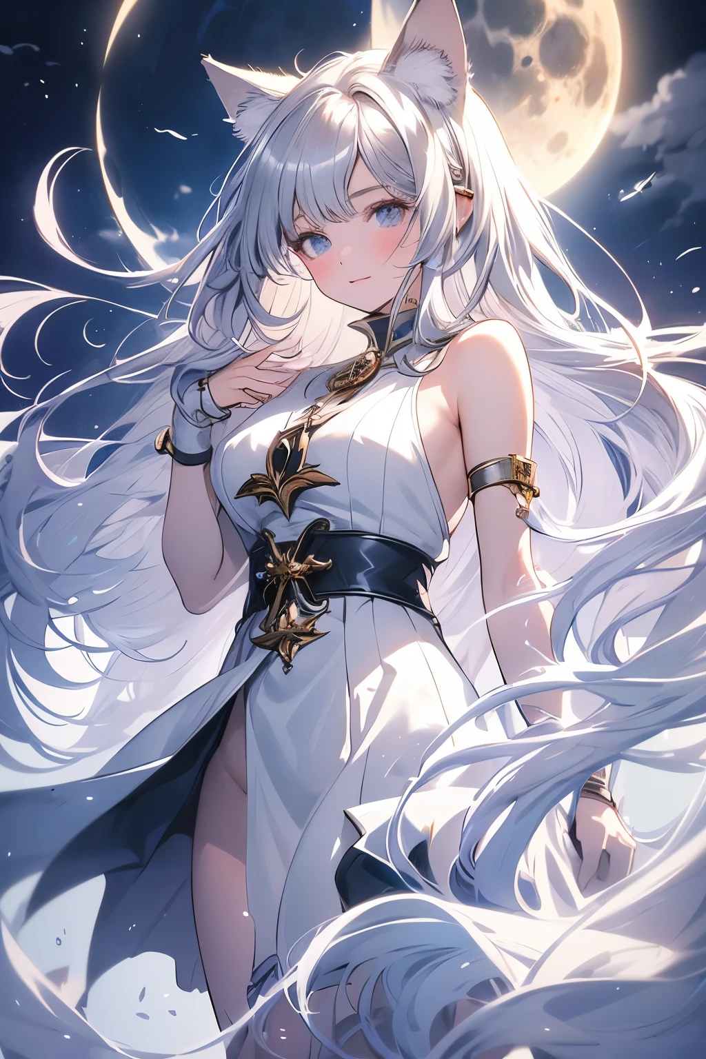 Best image quality, Excellent details, Ultra-high resolution, (realism: 1.4), Best illustrations,Delicate and beautiful features,Very condensed one girl,Dog ears,tail,Silver long hair,Anime Style,Fantasy,The background is a full moon and wilderness,Vision,wide aperture,Unreal 5,Scattered beneath the surface,Fighting Motion