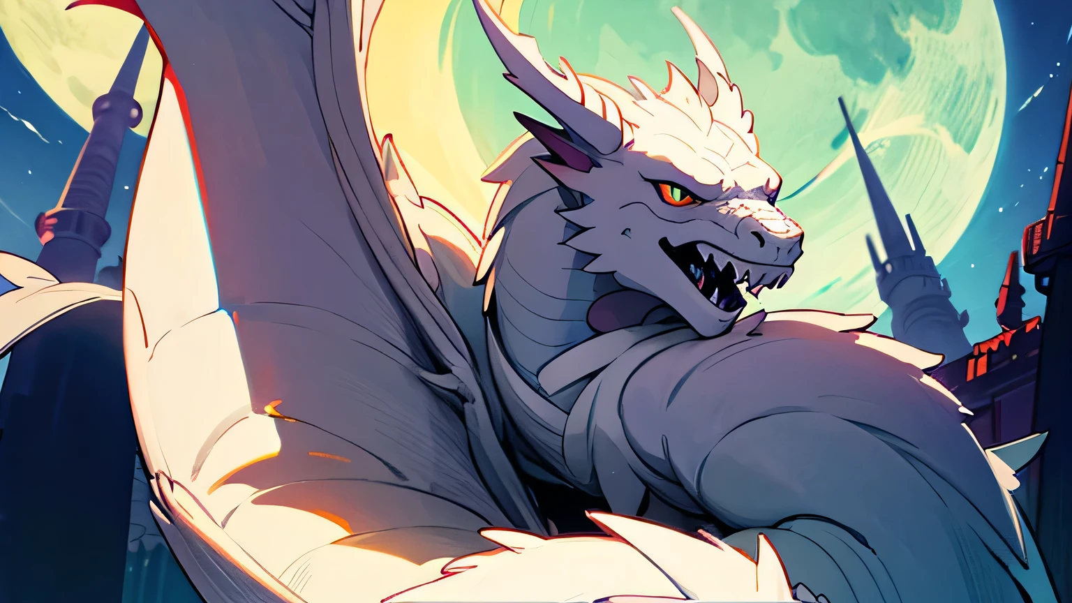 kind, nice white dragon, close up shot, talking, under full moon, near tower, smiling, kind