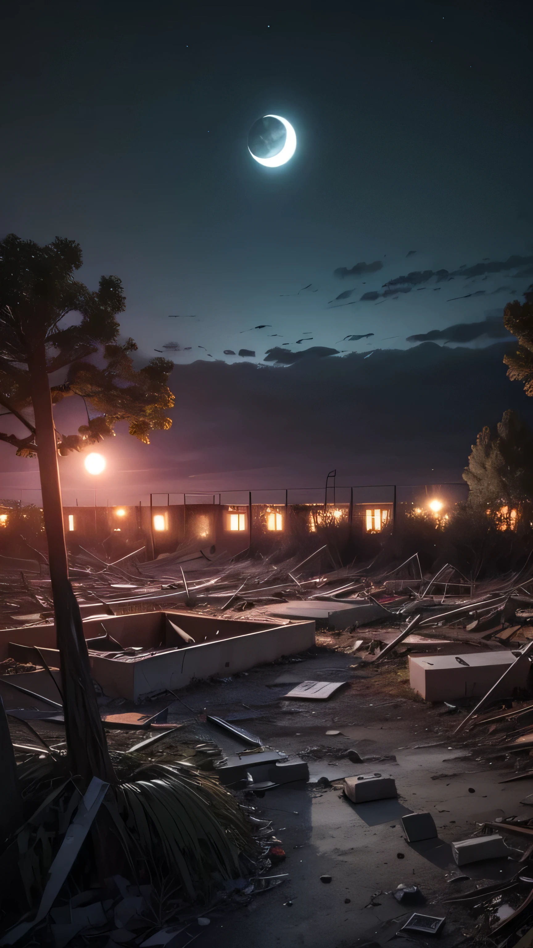 abandoned mental hospital, night sky, mass grave, moon, 8k