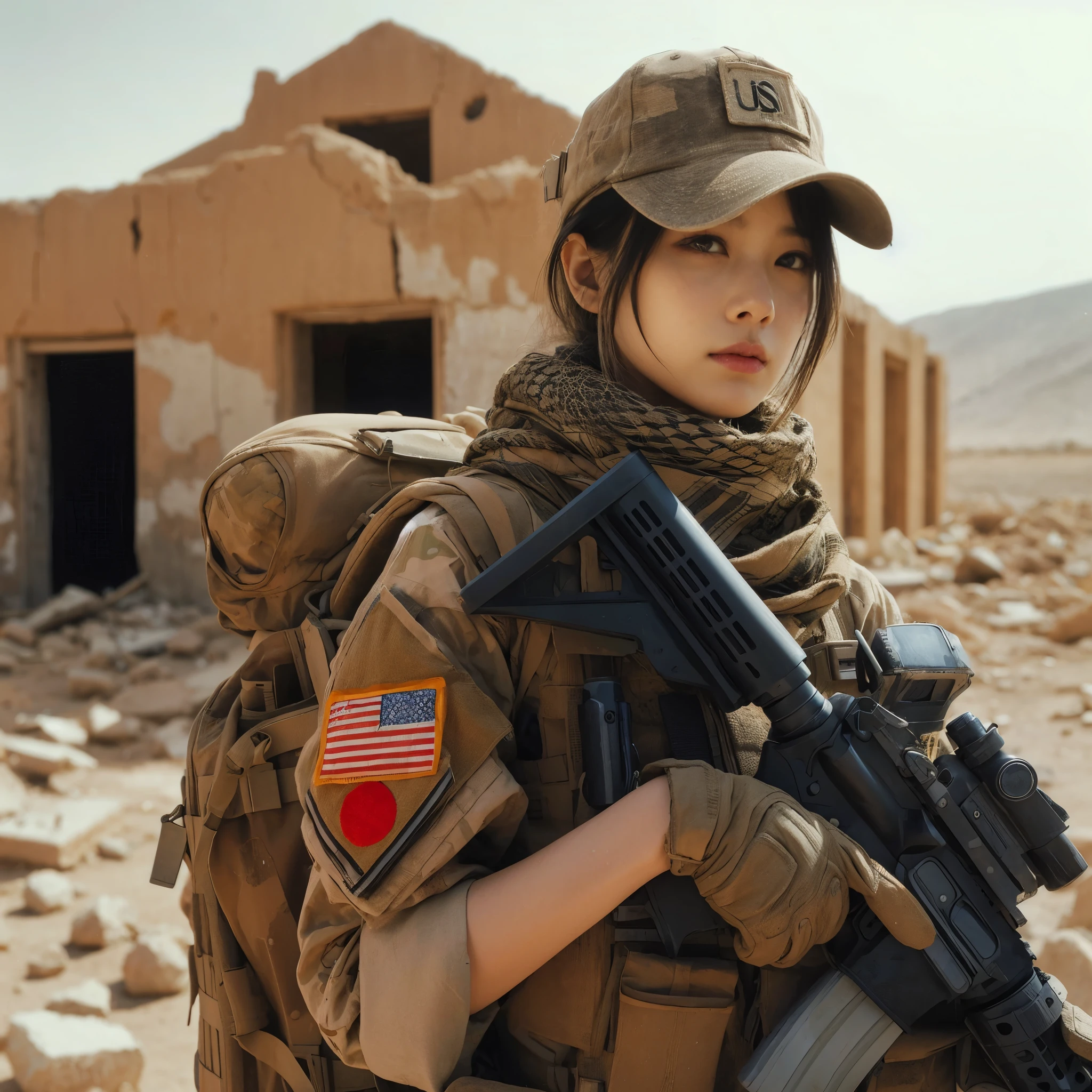 8K, realistic photo, realistic skin texture, Japanese women in the U.S. Army、、Abandoned settlement in the desert、Standing in a room in a small, crumbling, abandoned building、The roof of the building is gone There is only a wall.、Sand is piled up、Automatic rifle、Bulletproof vest、cap、Afghan Stole、backpack、Vigilance、The background is out of focus、Dynamic pose、Innovative composition、