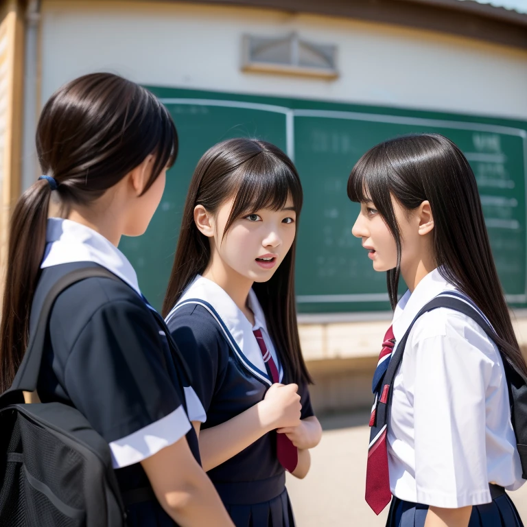 Two high school girls fighting over one guy.。The two women are wearing uniforms..。The man is staring at the schoolgirls。The man is wearing a uniform and looks nervous...。The location is a school classroom。