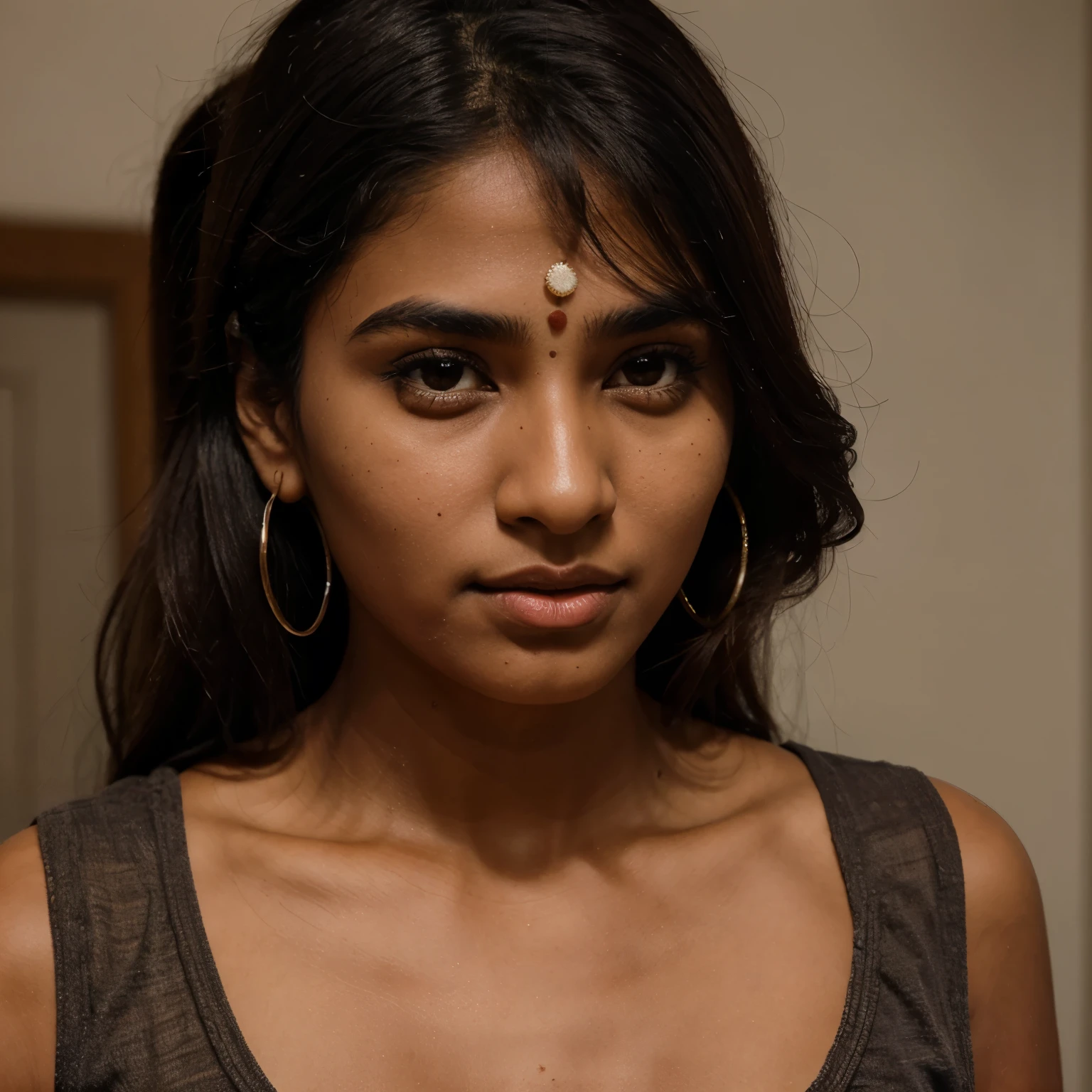 A dark brown skinned Indian girl with a few comodens on her forehead with a pimple in the middle of the eyebrows, a small bump on left side of nose, wife nose, Whiteheads on chin