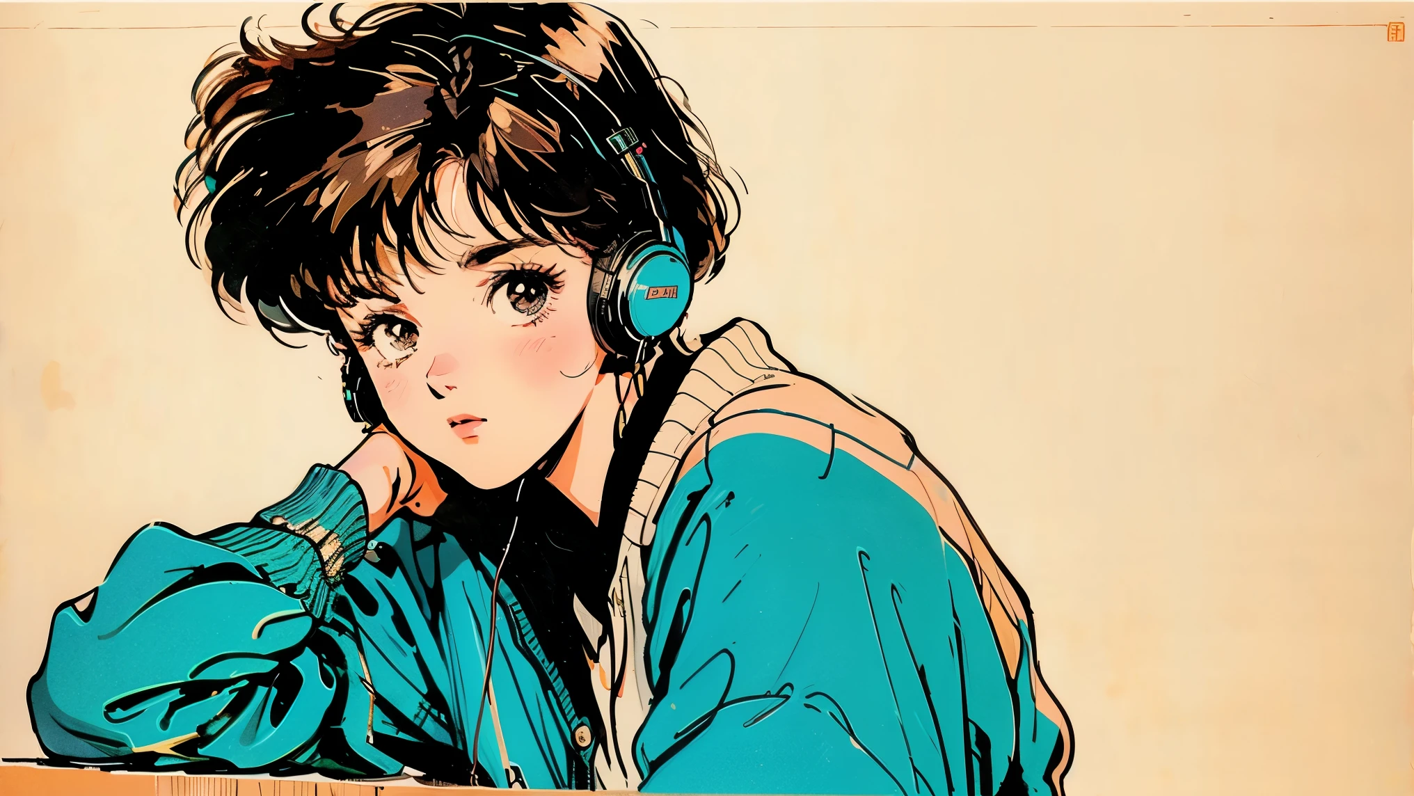short brown hair, girl, vintage 90's, romance anime style, cardigan, lipgloss, headphones