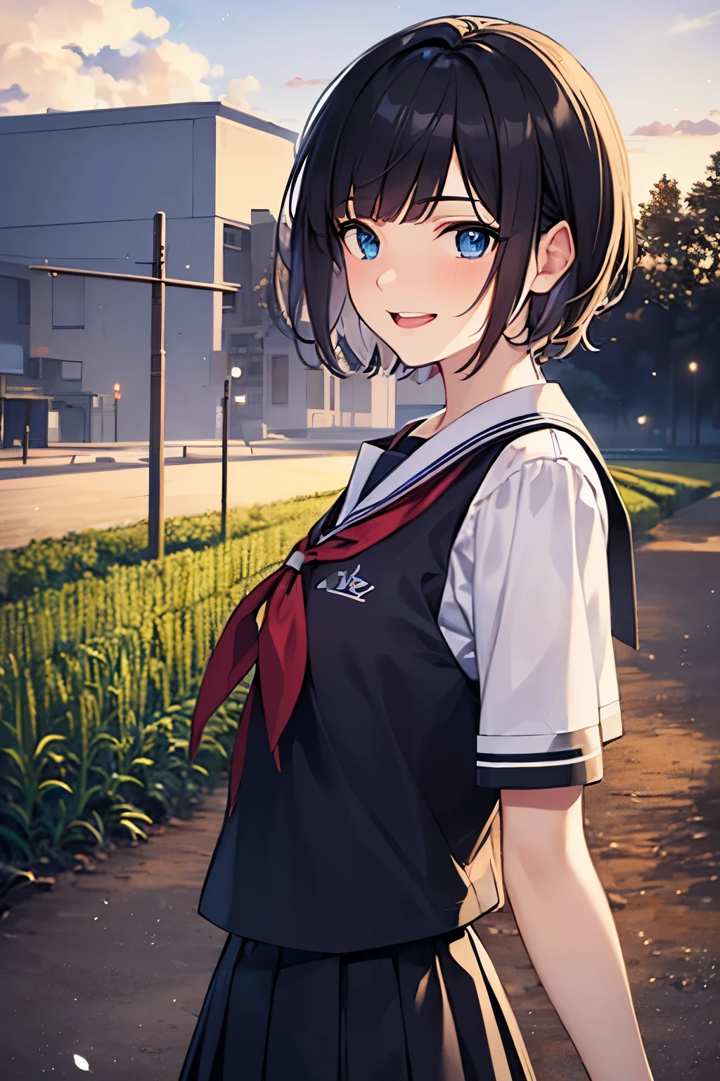 (master piece, best quality, detailed), (1 beautiful girl), (solo:1.3),((blunt bangs)),((black hair)),((Blue eyes)), ((shoulder length hair:1.2,short hair)),************, (laughing:1.3), (small breast), (school uniform:1.3), from side, looking at viewer, 
BREAK  ((extremely detailed 8k illustration)), highres, (extremely detailed and beautiful background), ultra detailed painting, Ultra-precise depiction, Ultra-detailed depiction, (beautiful and aesthetic:1.2), HDR, (depth of field:1.4), colorful, vivid, beautiful detailed glow light particles, intricate:1.4
