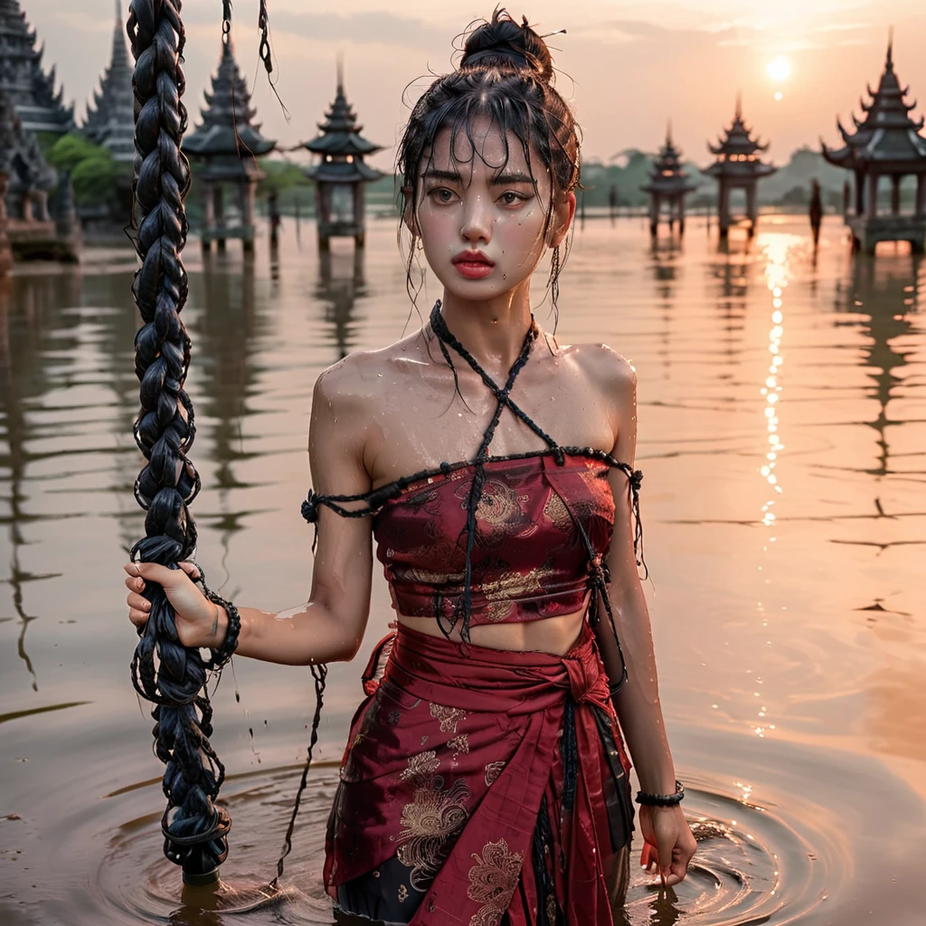 panic-sticken beautiful woman in Thai ancient dark red breast cloth, pretty face with tear and sweat, frightful facial expression, perfect body, wet black messy bun hair, hands tightly tied with big rope, walking into the water, she is sentenced to death by drowning, forsaken Thai temple with pagoda, sunset sky, noon light, depressive tone,