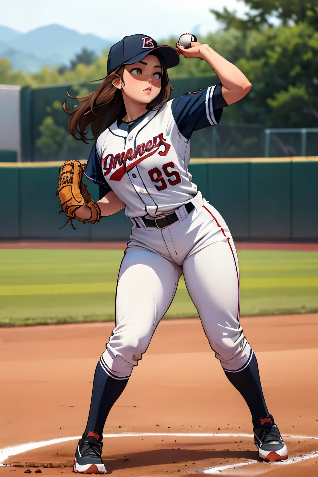 Young woman baseball player, playing baseball, long brown hair, gorgeous, curvy