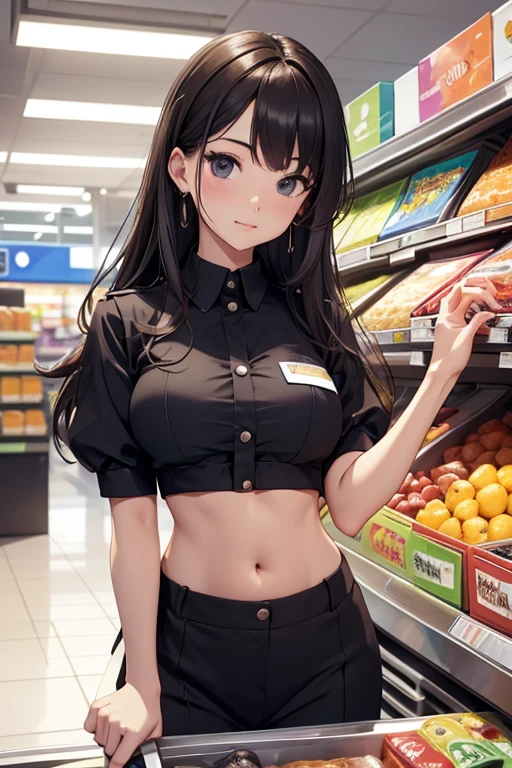 Cashier girl, crop top cashier uniform, showing navel, convenience store, behind the cashier,