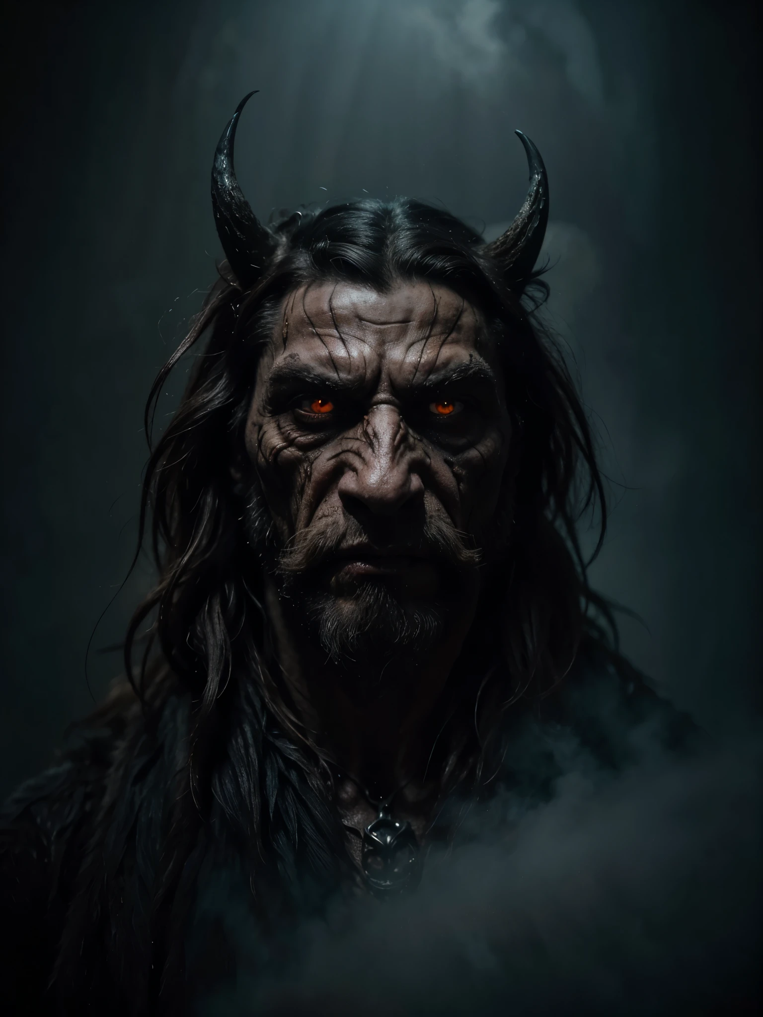 A highly detailed and hyper-realistic depiction of a ghoulish man beast with an intricately scarred face. The character is surrounded by mist, evoking a mysterious and eerie atmosphere. The lighting is dark and atmospheric, with a red smoke adding a touch of sinister ambiance. The image is of the best quality, with a resolution of 4k and HDR enhancement, showcasing the utmost level of detail and realism. drahthaar 