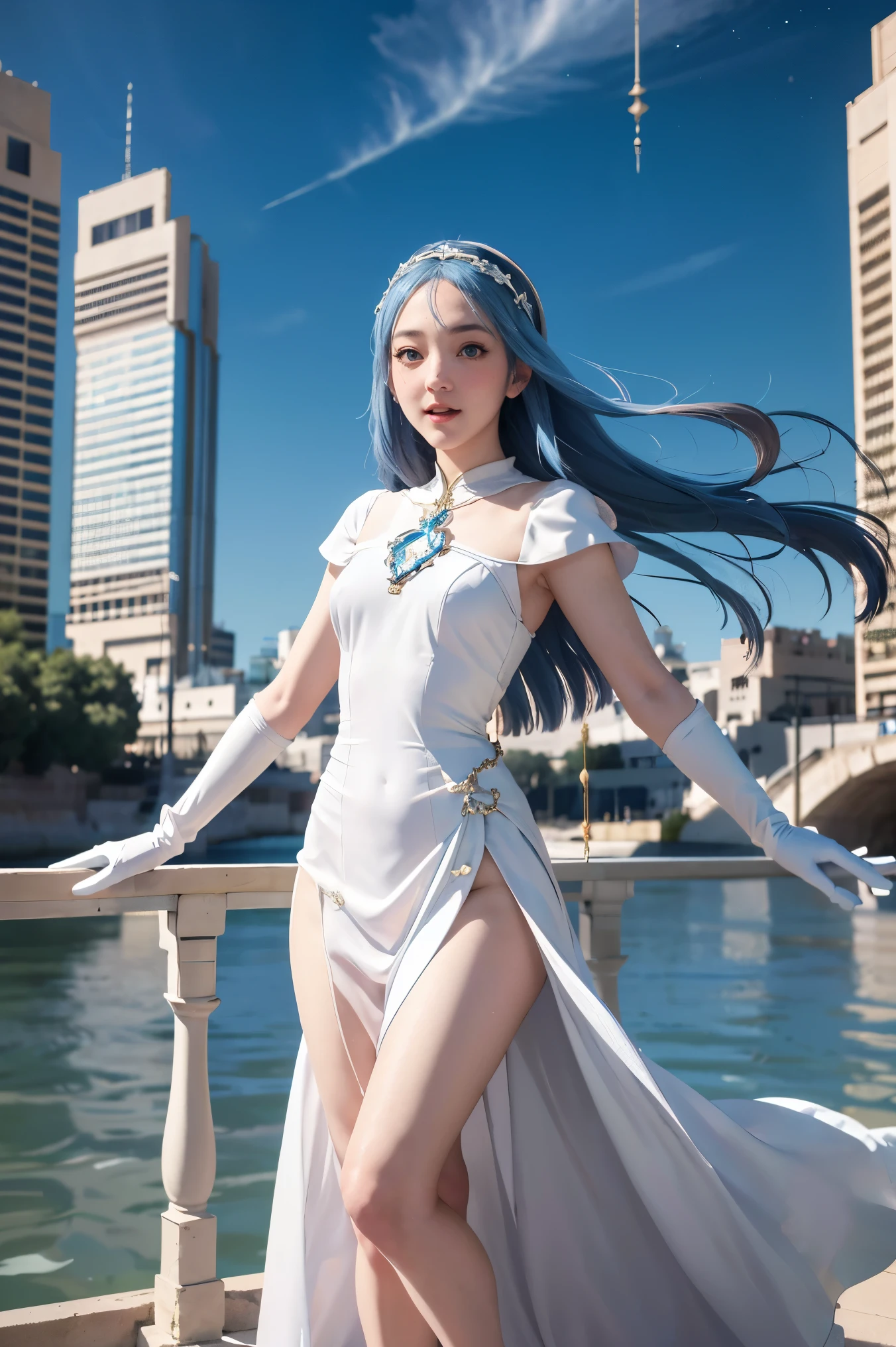 1girl, highres, masterpiece, solo, anime, absurdres, detailed face, perfect eyes, azura (fire emblem), upper body, full body, white dress, jewelry, white gloves, cityscape, holding, staff, singing