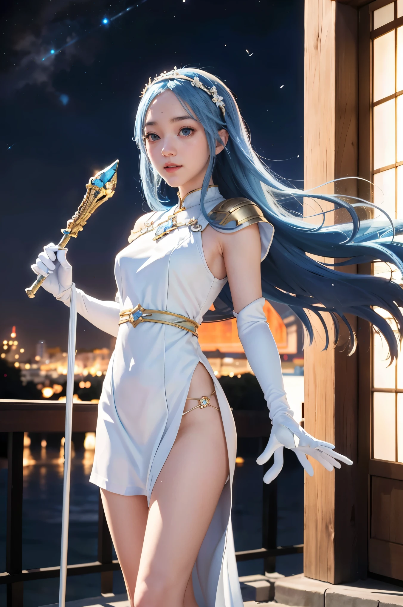 1girl, highres, masterpiece, solo, anime, absurdres, detailed face, perfect eyes, azura (fire emblem), upper body, full body, white dress, jewelry, white gloves, cityscape, holding, staff, singing