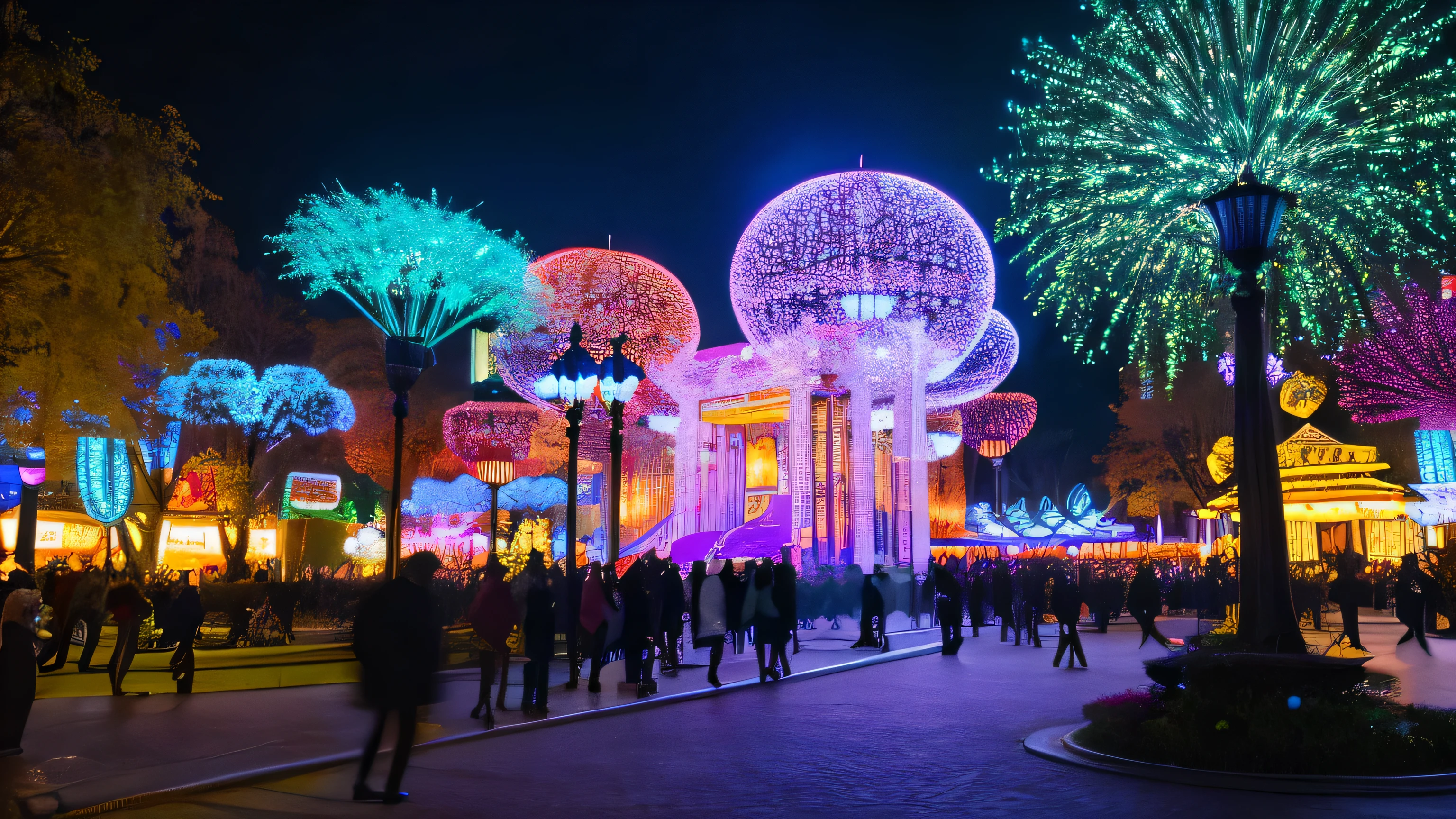 A vast park square, Chinese New Year scenes, exquisite and dreamy art of beautifying the arts, brightly colored, interactive art, light festival, black night multicolored light background, LED lighting, inspired by Li Keran, Mucha style, pastel colors, long shot, full wide angle lens