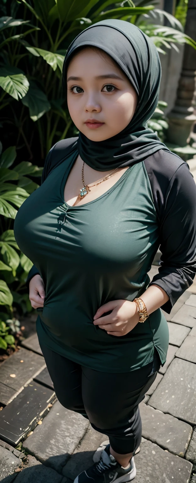 1 malay girl, modern plain hijab, shy, medium portrait, watery eyes, wearing dark green kebaya, ((big breasts)), black bokeh background, well-proportioned body,, chubby massive thighs, full body pose, wearing a necklace , wearing 10 bracelet , wearing a sneaker 