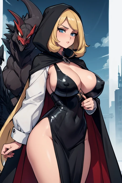 cynthia (pokemon) long hair, black cloak, black leggings big breasts, dragon in the background