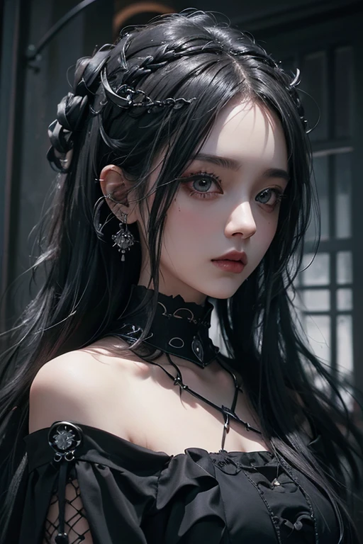 A beauty girl with a grey hair, the girl has a fine-grained skin and sharp focus on her face. Her eyes are beautifully detailed, and her lips are also beautifully detailed. She wears hair adornments that add creativity to her appearance. The overall painting is in a Gothic punk style, with a touch of dark fantasy. Use red color as an accent inner color of the closing and accessories.The artwork is created using Neogos techniques, combining elements of goth fashion. The image quality is top-notch, rendered in 8K resolution, making it a masterpiece. The lighting in the artwork is designed to replicate the ambiance of a movie, giving it a cinematic feel. The hair texture is realistic and meticulously detailed, capturing the intricacies of each strand of hair. This artwork is a true representation of artistry and craftsmanship. There is a raven in her shoulder.
Keywords: top-quality, 8K, masterpiece:1.3, Gothic punk, Red inner color, grey dark-haired, hair adornments, beauty girl, creative, dark fantasy style, Neogos, Goth Fashion:1.2, high resolution, realistic texture, Hasselblad photo, fine-grained skin, sharp focus, lighting like a movie.