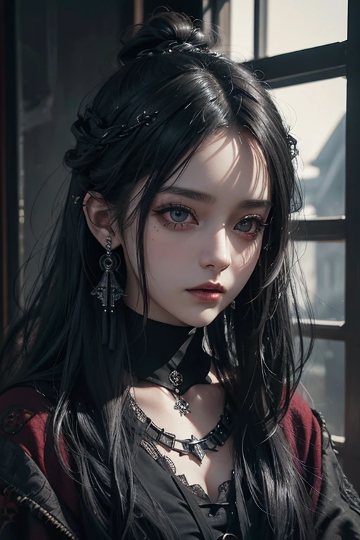 A beauty girl with a grey hair, the girl has a fine-grained skin and sharp focus on her face. Her eyes are beautifully detailed, and her lips are also beautifully detailed. She wears hair adornments that add creativity to her appearance. The overall painting is in a Gothic punk style, with a touch of dark fantasy. Use red color as an accent inner color of the closing and accessories.The artwork is created using Neogos techniques, combining elements of goth fashion. The image quality is top-notch, rendered in 8K resolution, making it a masterpiece. The lighting in the artwork is designed to replicate the ambiance of a movie, giving it a cinematic feel. The hair texture is realistic and meticulously detailed, capturing the intricacies of each strand of hair. This artwork is a true representation of artistry and craftsmanship. There is a raven in her shoulder.
Keywords: top-quality, 8K, masterpiece:1.3, Gothic punk, Red inner color, grey dark-haired, hair adornments, beauty girl, creative, dark fantasy style, Neogos, Goth Fashion:1.2, high resolution, realistic texture, Hasselblad photo, fine-grained skin, sharp focus, lighting like a movie.