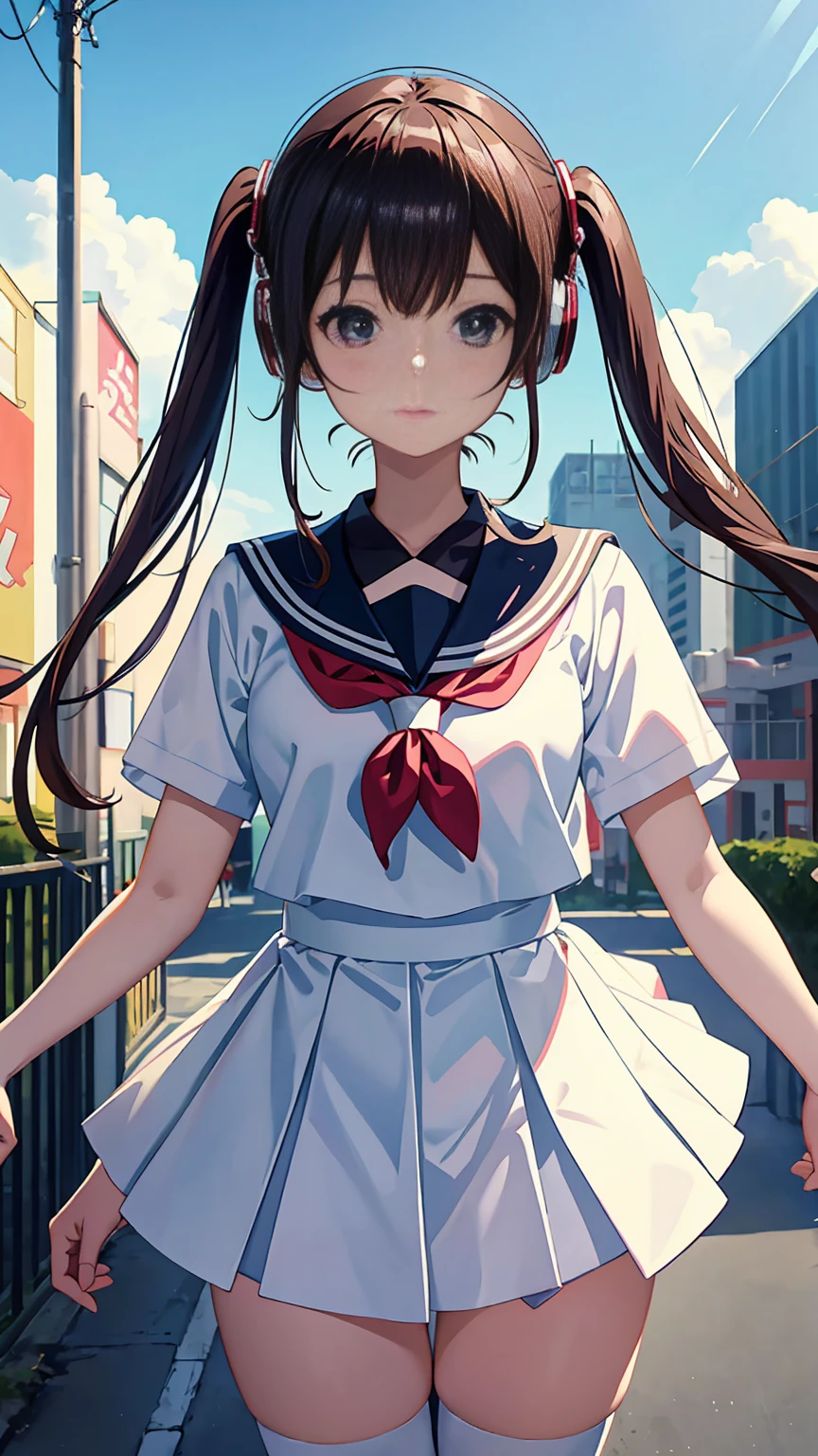 (Put on your old headphones:1.0),道を歩いているAnime Girls, Beautiful anime school girl, White Sailor Suit、Navy Skirt:1.0、Cute girl anime visuals, 長い髪のAnime Girls, Smooth anime CG art, 若いAnime Girls, 魅力的なAnime Girls, Anime Style 4k, Surreal , Anime Art Wallpapers 8K, City Girl Fan Art, Anime Girls, Digital anime illustration、Masterpiece、Retro art style