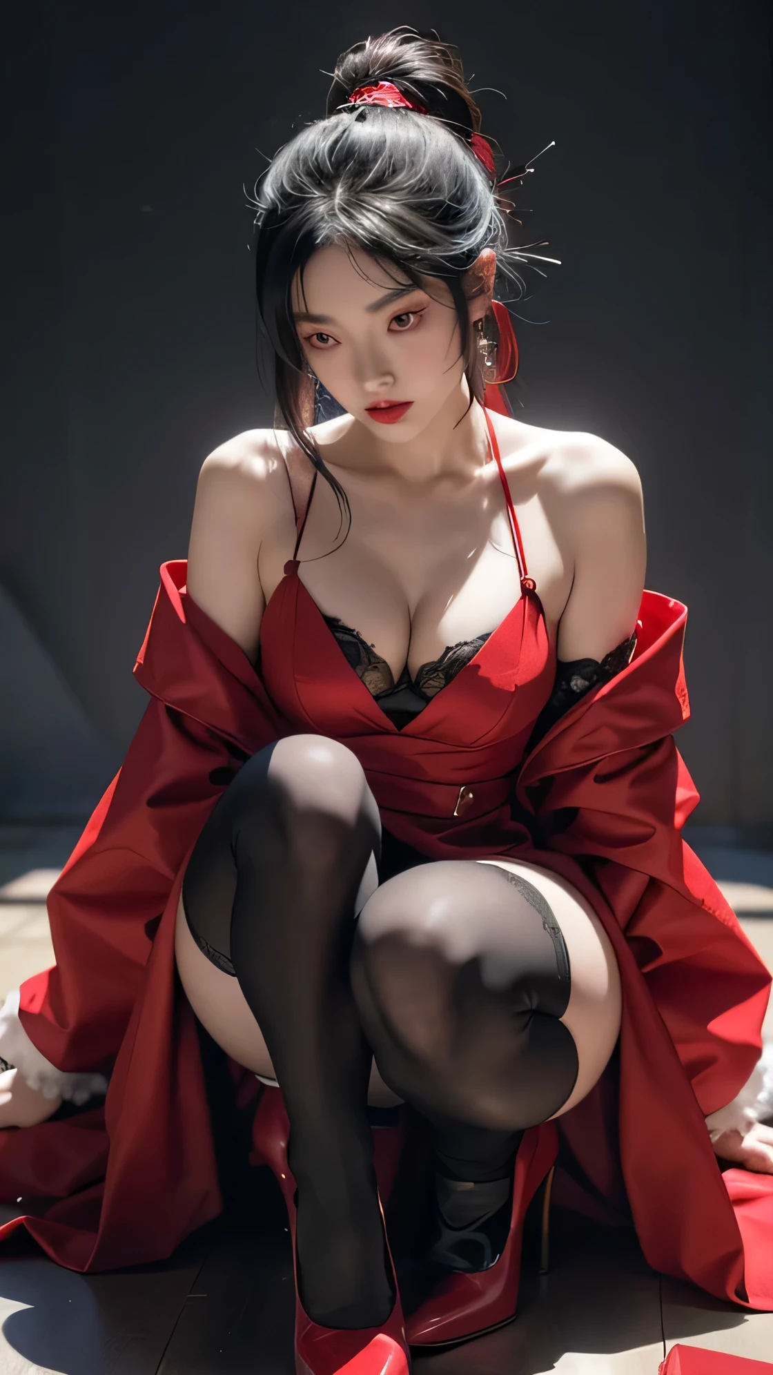 realistic video, artistically sophisticated,fascinating beauty, breathtaking aesthetics, dramatic contrast, atmospheric depth,official art,High saturation,intense coloring,
1 woman,alone,
onmyoji, shikigami summoner, Ofda registration, The Exorcist, yin yang master, dot, Red Clothes, black stockings, high heel shoes
