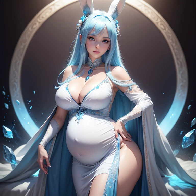 Beautiful pregnant female sorceress, elegant formal detailed and tight white dress with blue details, blue gems, mature, bunny ears, sky blue hair, piercing blue eyes, revealing pose, cleavage 