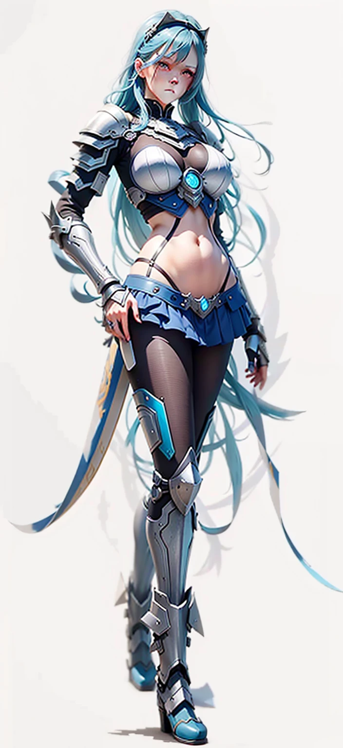 Blue Hair,realism, trace,，Role List, Reference table, Draw while standing, 8k, Super Detail, 1080p, Women HD，woman, 16K, high resolution, best quality, high quality, Anatomically correct, masterpiece, precise, Ultra HD，as elegant as a swan，Unreal Engine， Ghibli-style colors,   anime big breasts,  Draw while standing, Viewing angle,Combat armor，perspective，Lace skirt