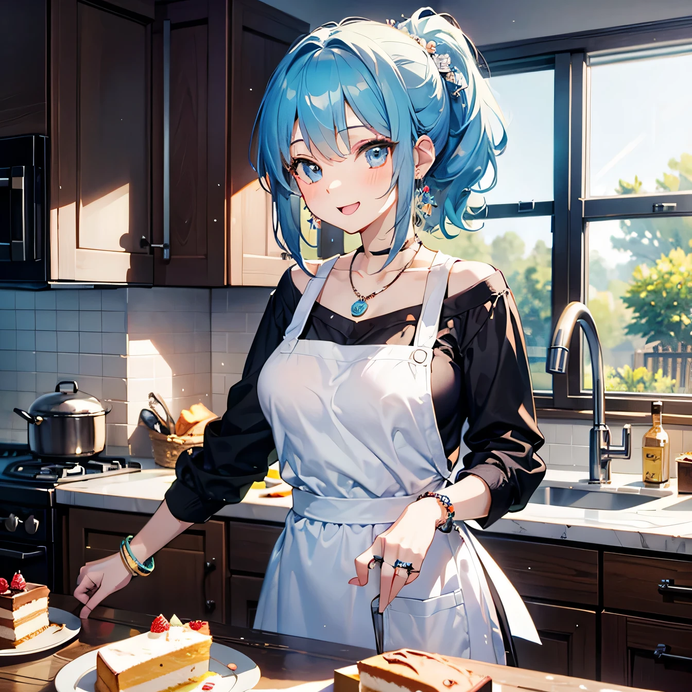Anime Moe Art Style,highest quality,High resolution,Anatomically correct,One Girl,Mid-teens,A girl with light blue hair in a ponytail,Super detailed,Fantasy-style world,Off-the-shoulder tops,mini skirt,Big Breasts,Laughing with your mouth open,apron,kitchen,Making a cake,Eyes drawn in detail,hair ornaments,necklace,bracelet,ring,8K