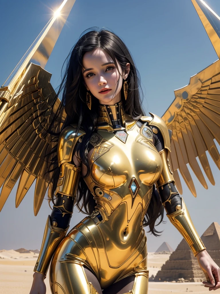 Rachel Brosnahan,Black Hair,Straight Hair,my hair is very long.,แต่งกายด้วยชุดของเทพEgyptโบราณ, Realistic skin, la lueur de, Surreal,complicated, Clear focus, Ray Tracing, ringing, Professional color grading, Professional photography, masterpiece, Very detailed, high quality, best quality, 4K, 8k, Raw , skin regeneration, Large Breasts,Her breast size is M cup, whole body, She is sexy, She has a perfect figure, She is very pretty,She has good eyes,She is full of charm,close up,Sky,เธออยู่ที่pyramid,Egypt,desert,pyramid,Sunshine,The Sky is clear.,((Shiny metallic cybernetic body)) Cyberpunk,Science Fiction,technology,Golden Wings,With wings,Big Wings