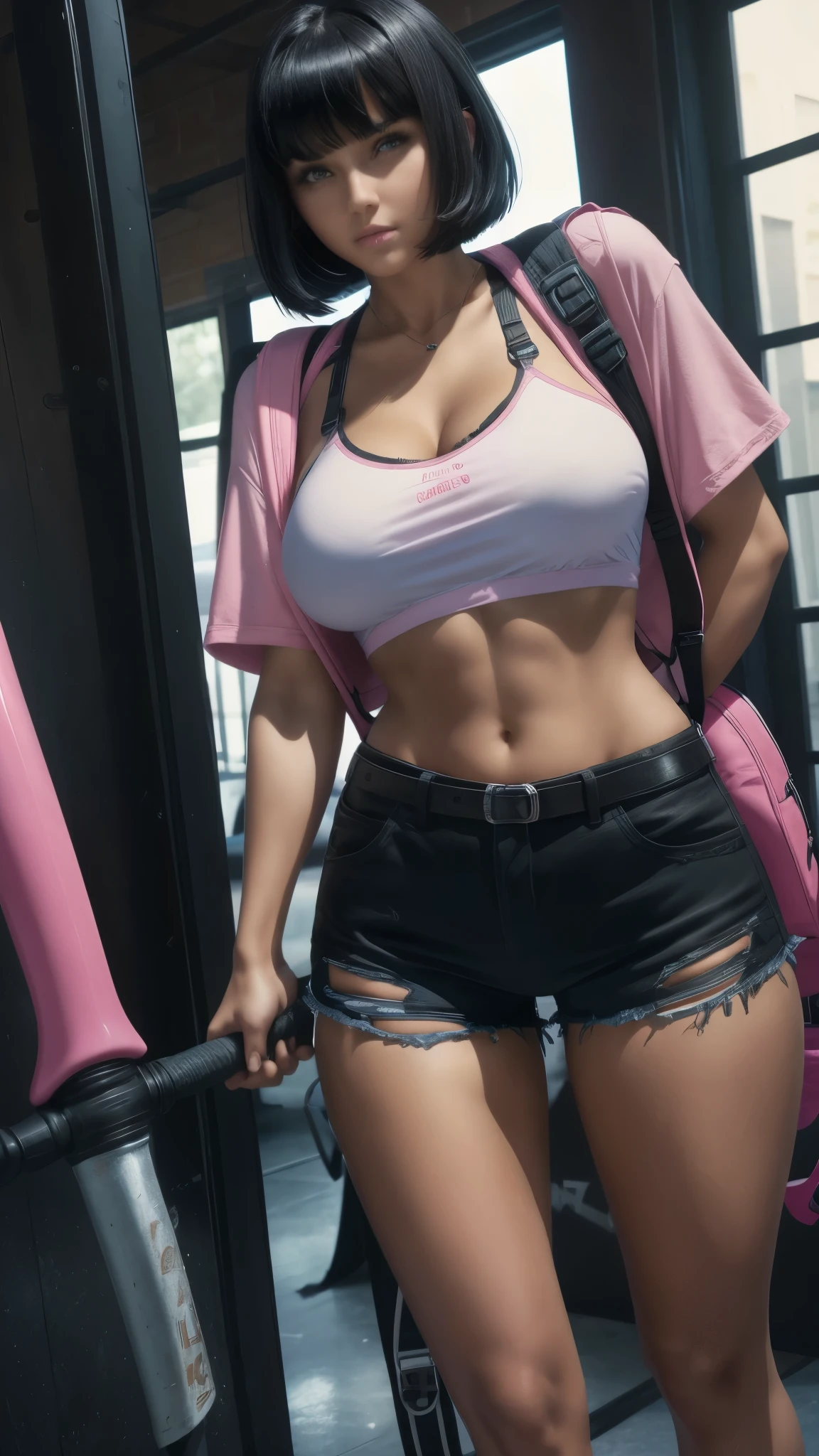 short black hair, with slightly messy bangs.  Dark, penetrating brown eyes.  Thin and marked build.  She wears torn black shorts, blue tennis shoes, and a pink navel blouse with straps. He has an axe in his right hand and a backpack on his back. Busty. 