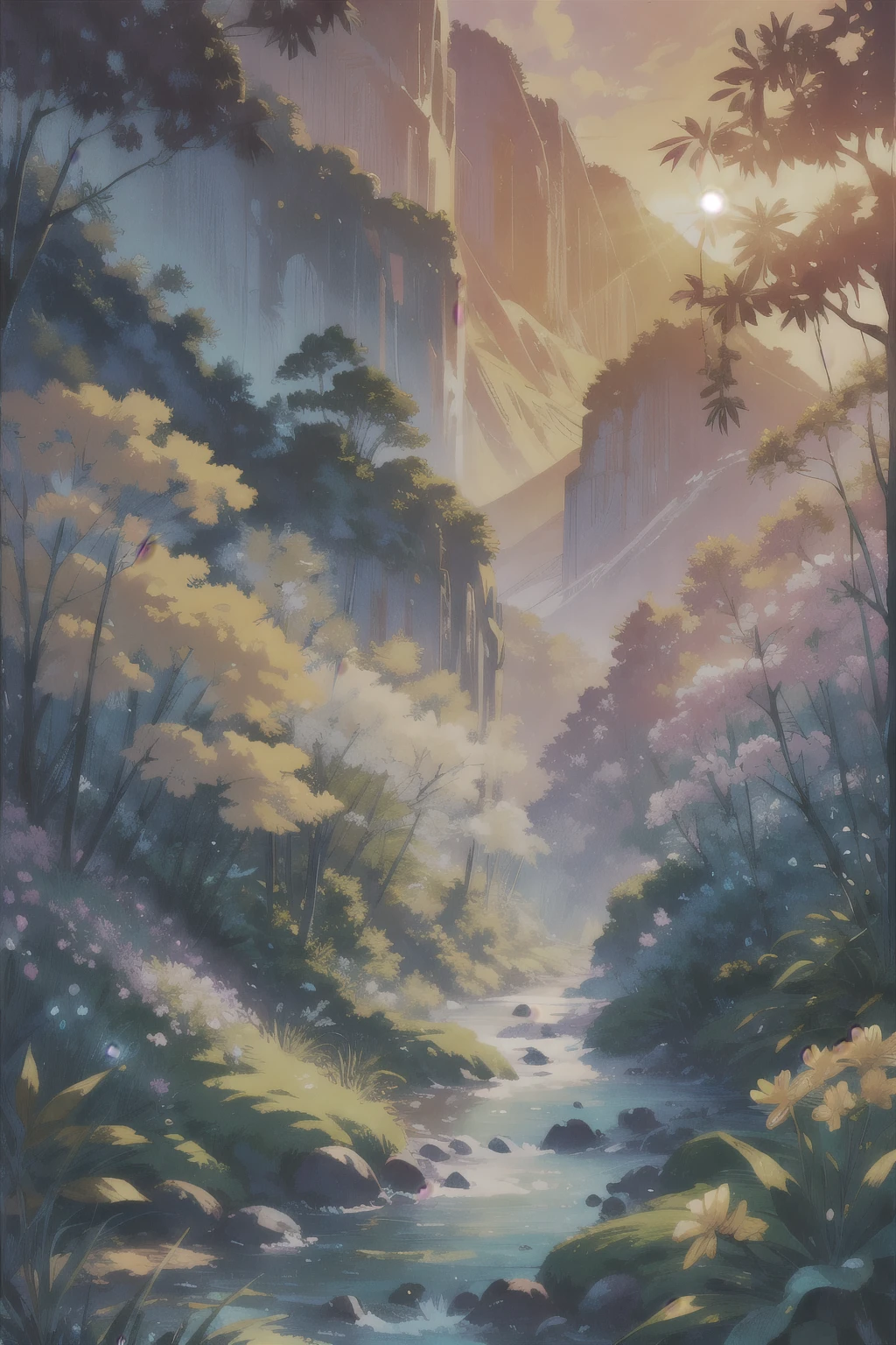 mountain valley, tropical forest, river, flowers, sunset, soft beams of light, soft shadows,