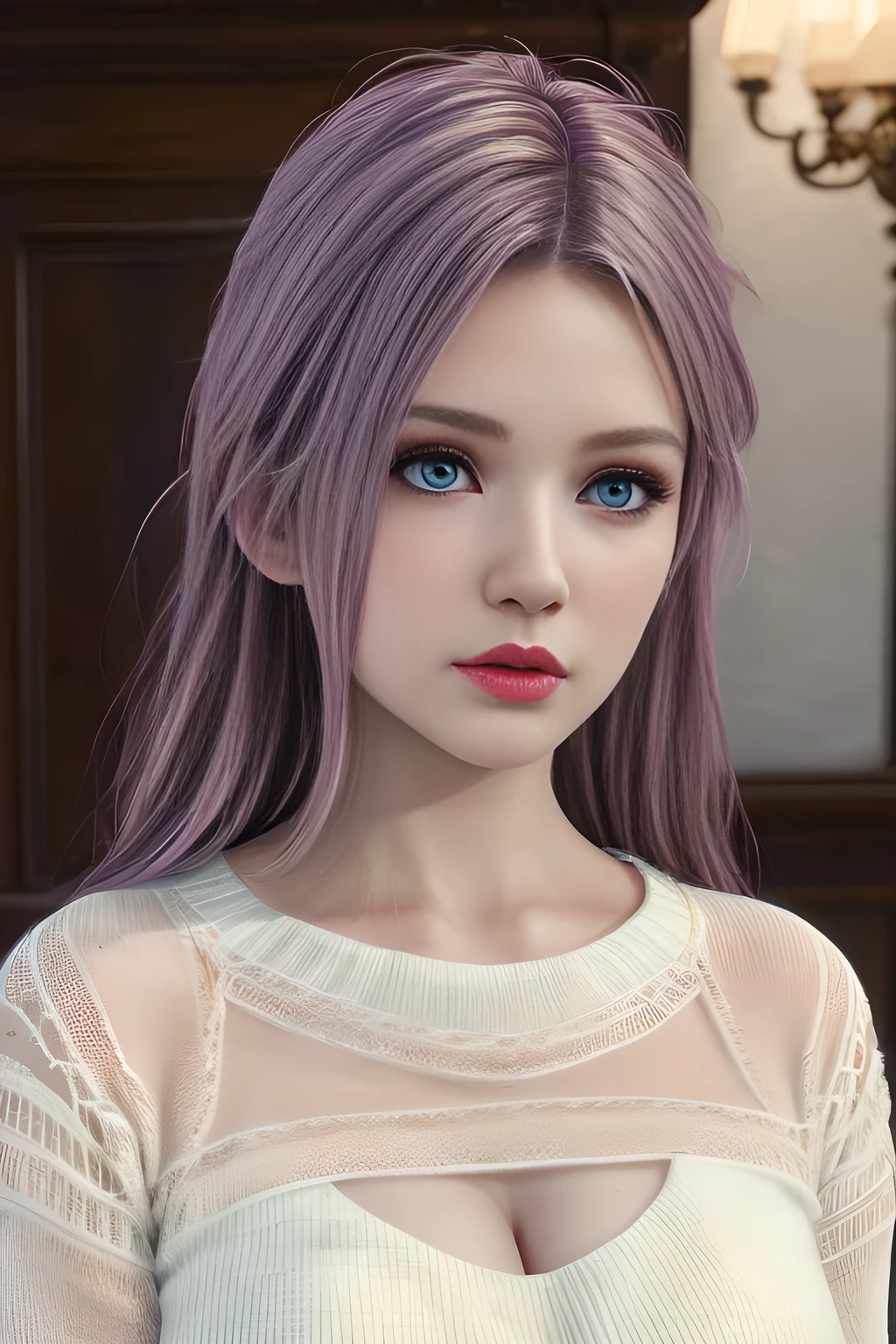 1girl, (best quality,4k,8k,highres,masterpiece:1.2),ultra-detailed,(realistic,photorealistic,photo-realistic:1.37), detailed eyes, detailed nose, detailed lips, sexy, low cut white fluffy knitted dress, elegant, detailed texture, warm fabric, soft lighting, elise,